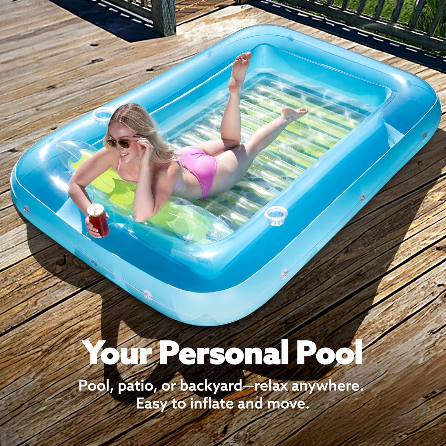 imageSLOOSH Inflatable Tanning Pool Lounger Float 85 x 57 Extra Large Pool Floats Adult with Pillow 4 in 1 Suntan Tub Raft FloatieSunbathing Bed Lounge for Water Blow Up Ball Pit XLGolden WhiteBlue Green