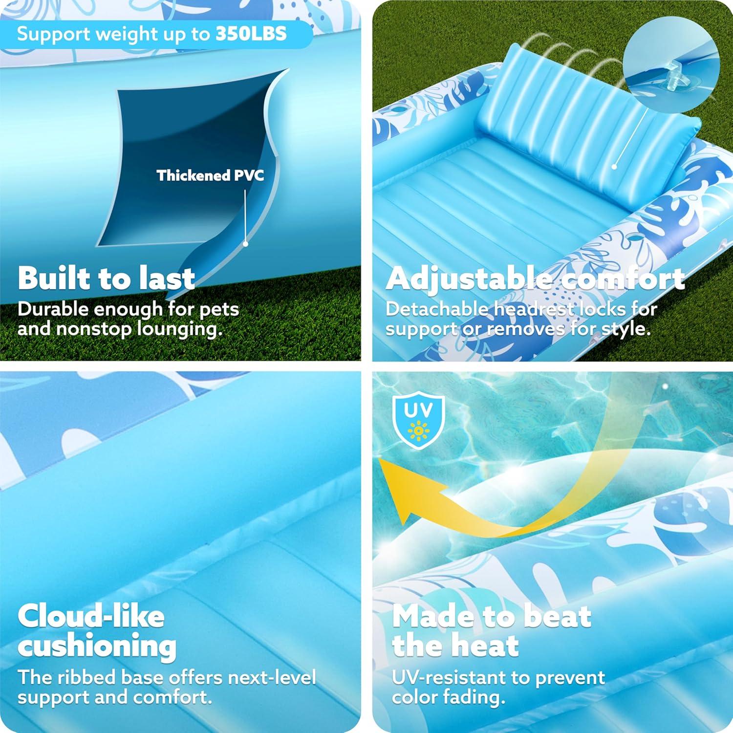 imageSLOOSH Inflatable Tanning Pool Lounger Float 85 x 57 Extra Large Pool Floats Adult with Pillow 4 in 1 Suntan Tub Raft FloatieSunbathing Bed Lounge for Water Blow Up Ball Pit Party Gifts XLBlueBlue