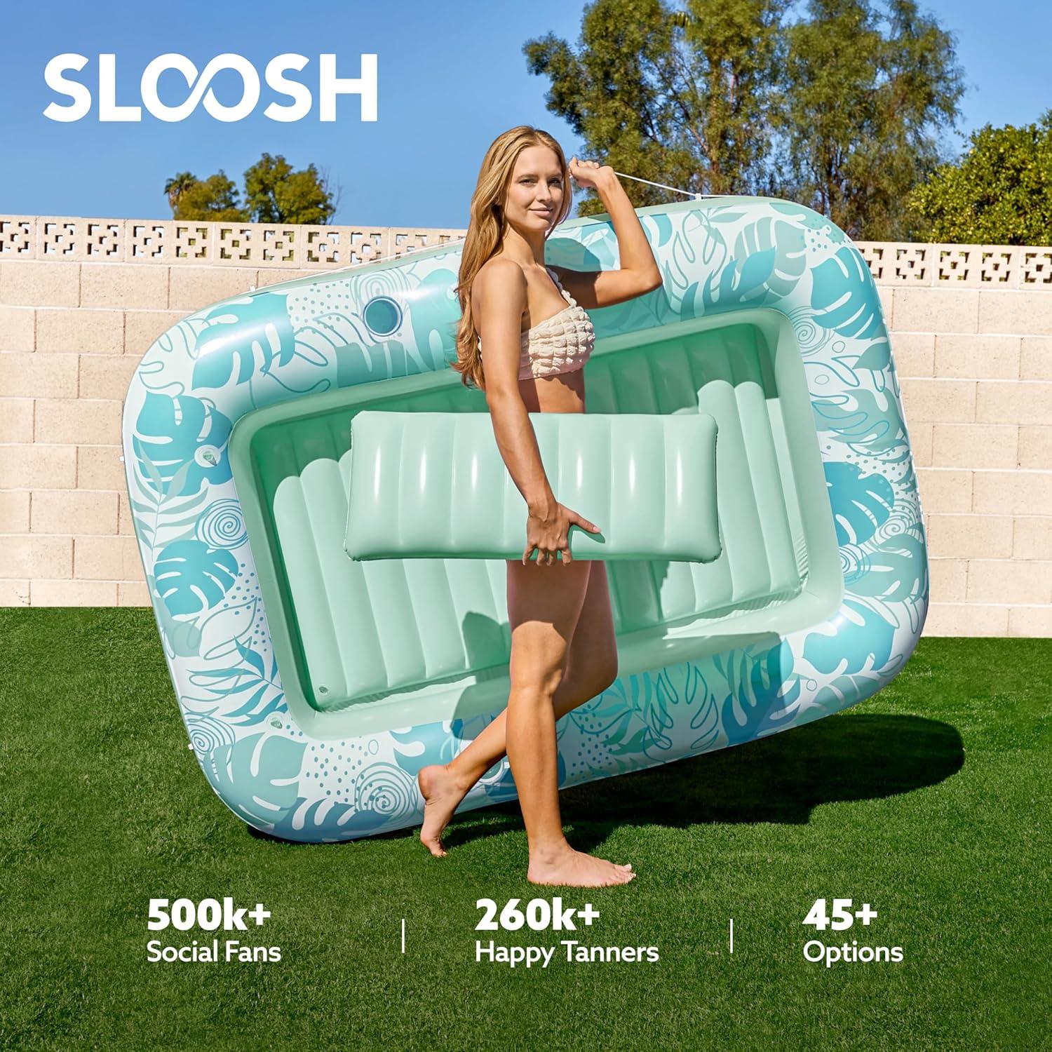 imageSLOOSH Inflatable Tanning Pool Lounger Float 85 x 57 Extra Large Pool Floats Adult with Pillow 4 in 1 Suntan Tub Raft FloatieSunbathing Bed Lounge for Water Blow Up Ball Pit Party Gifts XLBlueCyan White