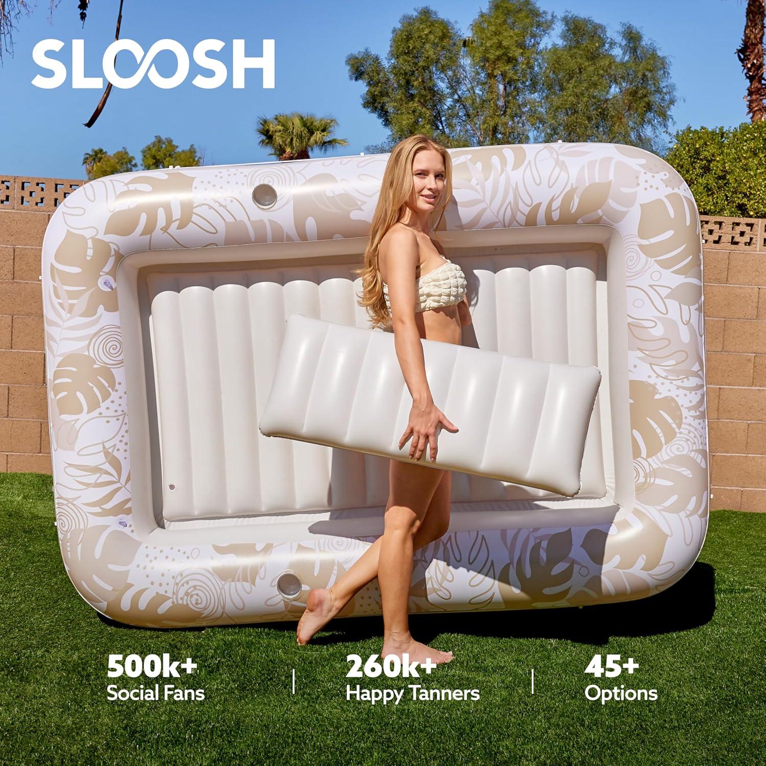 imageSLOOSH Inflatable Tanning Pool Lounger Float 85 x 57 Extra Large Pool Floats Adult with Pillow 4 in 1 Suntan Tub Raft FloatieSunbathing Bed Lounge for Water Blow Up Ball Pit Party Gifts XLBlueGolden White