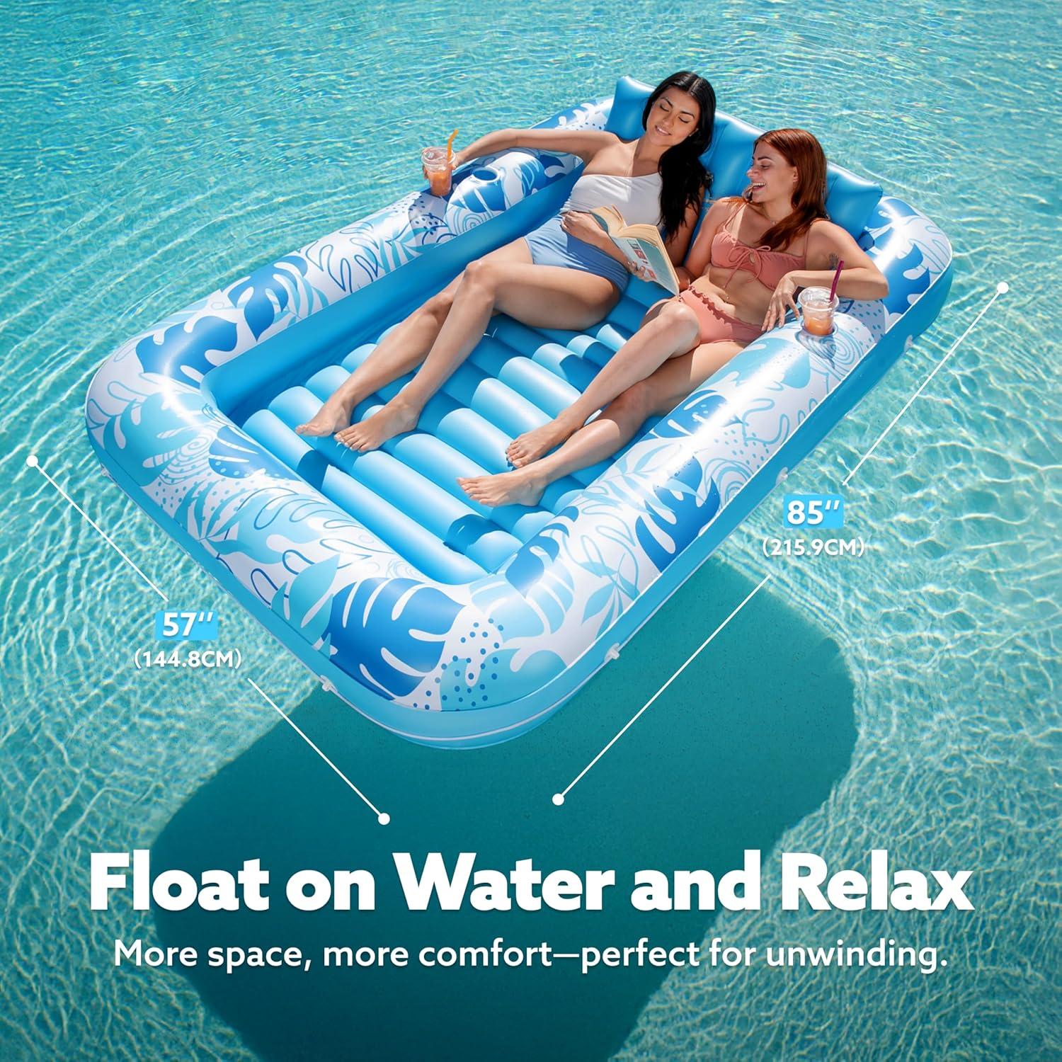 imageSLOOSH Inflatable Tanning Pool Lounger Float 85 x 57 Extra Large Pool Floats Adult with Pillow 4 in 1 Suntan Tub Raft FloatieSunbathing Bed Lounge for Water Blow Up Ball Pit Party Gifts XLBlueBlue