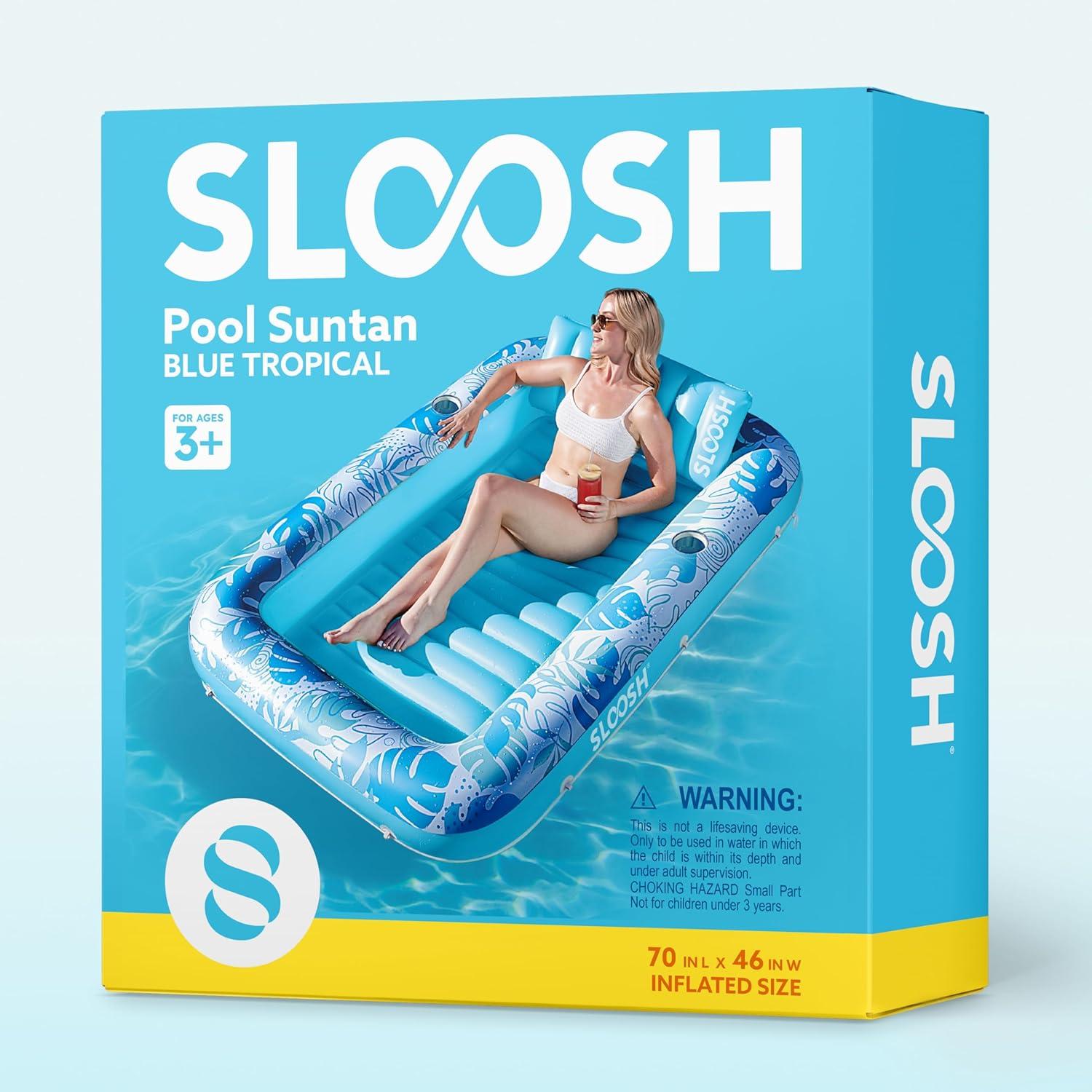 imageSLOOSH Inflatable Tanning Pool Lounger Float 85 x 57 Extra Large Pool Floats Adult with Pillow 4 in 1 Suntan Tub Raft FloatieSunbathing Bed Lounge for Water Blow Up Ball Pit Party Gifts XLBlueBlue