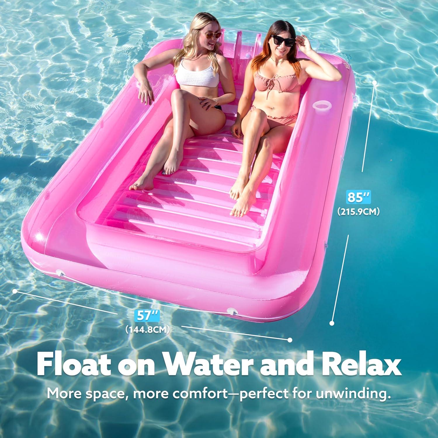 imageSLOOSH Inflatable Tanning Pool Lounger Float 85 x 57 Extra Large Pool Floats Adult with Pillow 4 in 1 Suntan Tub Raft FloatieSunbathing Bed Lounge for Water Blow Up Ball Pit XLGolden WhitePink