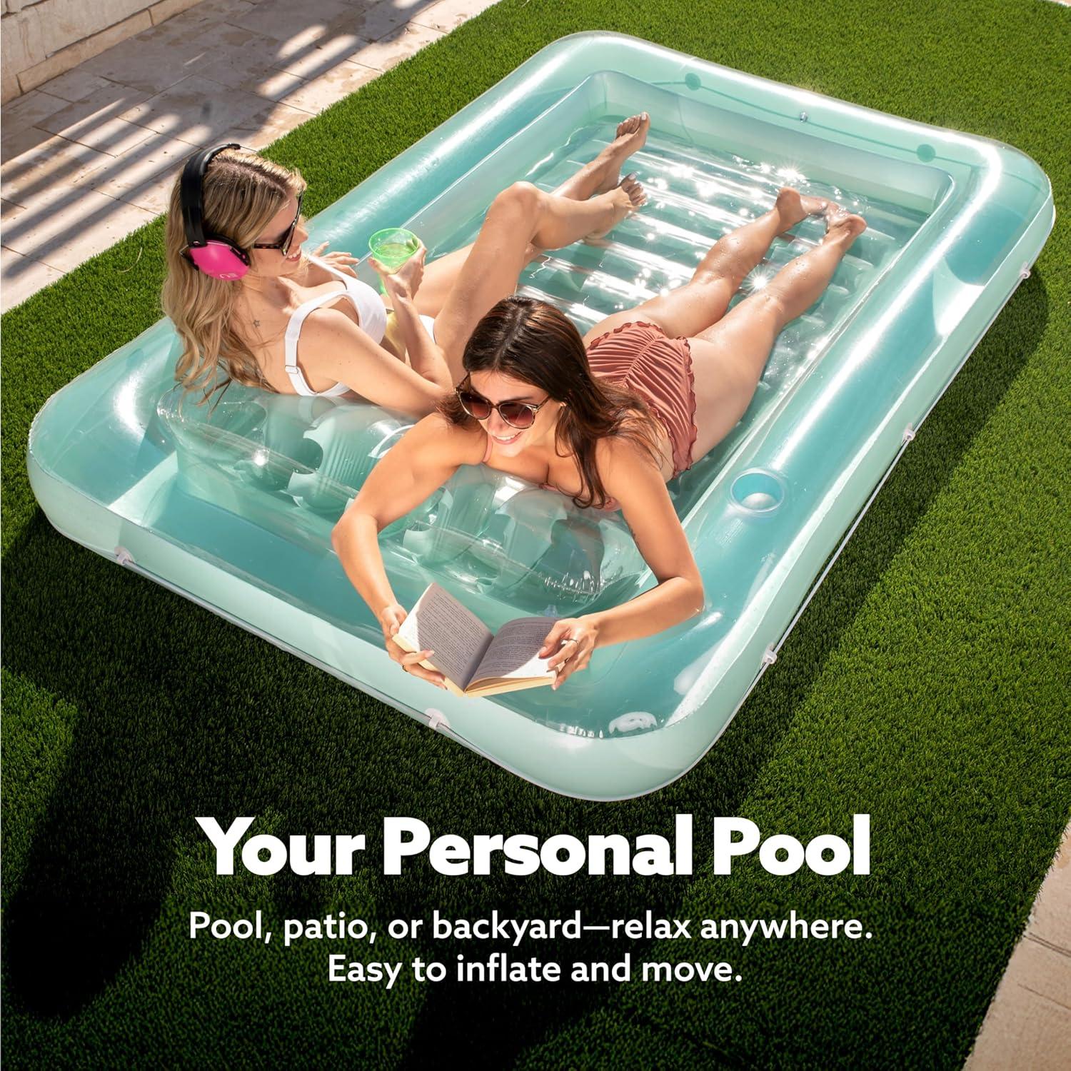 imageSLOOSH Inflatable Tanning Pool Lounger Float 85 x 57 Extra Large Pool Floats Adult with Pillow 4 in 1 Suntan Tub Raft FloatieSunbathing Bed Lounge for Water Blow Up Ball Pit XLGolden WhiteCyan
