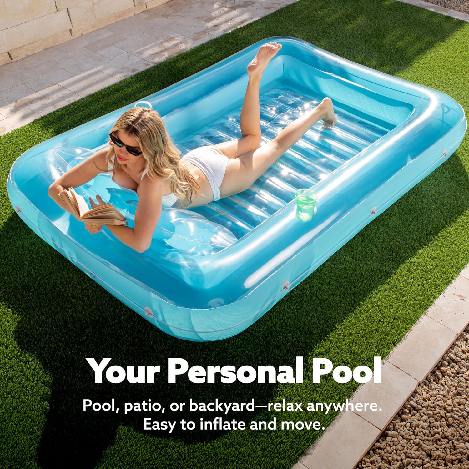 imageSLOOSH Inflatable Tanning Pool Lounger Float 85 x 57 Extra Large Pool Floats Adult with Pillow 4 in 1 Suntan Tub Raft FloatieSunbathing Bed Lounge for Water Blow Up Ball Pit XLGolden WhiteBlue