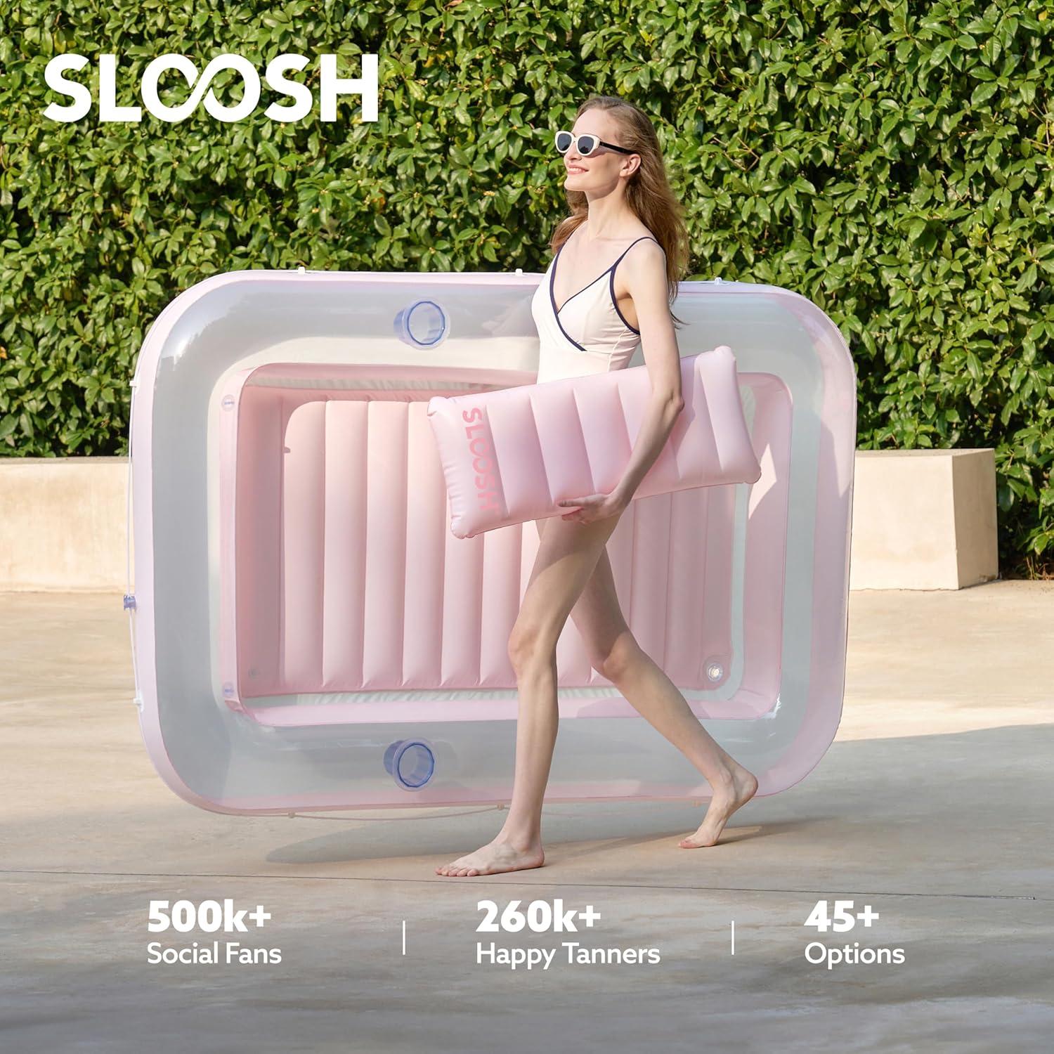 imageSLOOSH Inflatable Tanning Pool Lounger Float 85 x 57 Extra Large Pool Floats Adult with Pillow 4 in 1 Suntan Tub Raft FloatieSunbathing Bed Lounge for Water Blow Up Ball Pit XLGolden WhiteCyan Pink