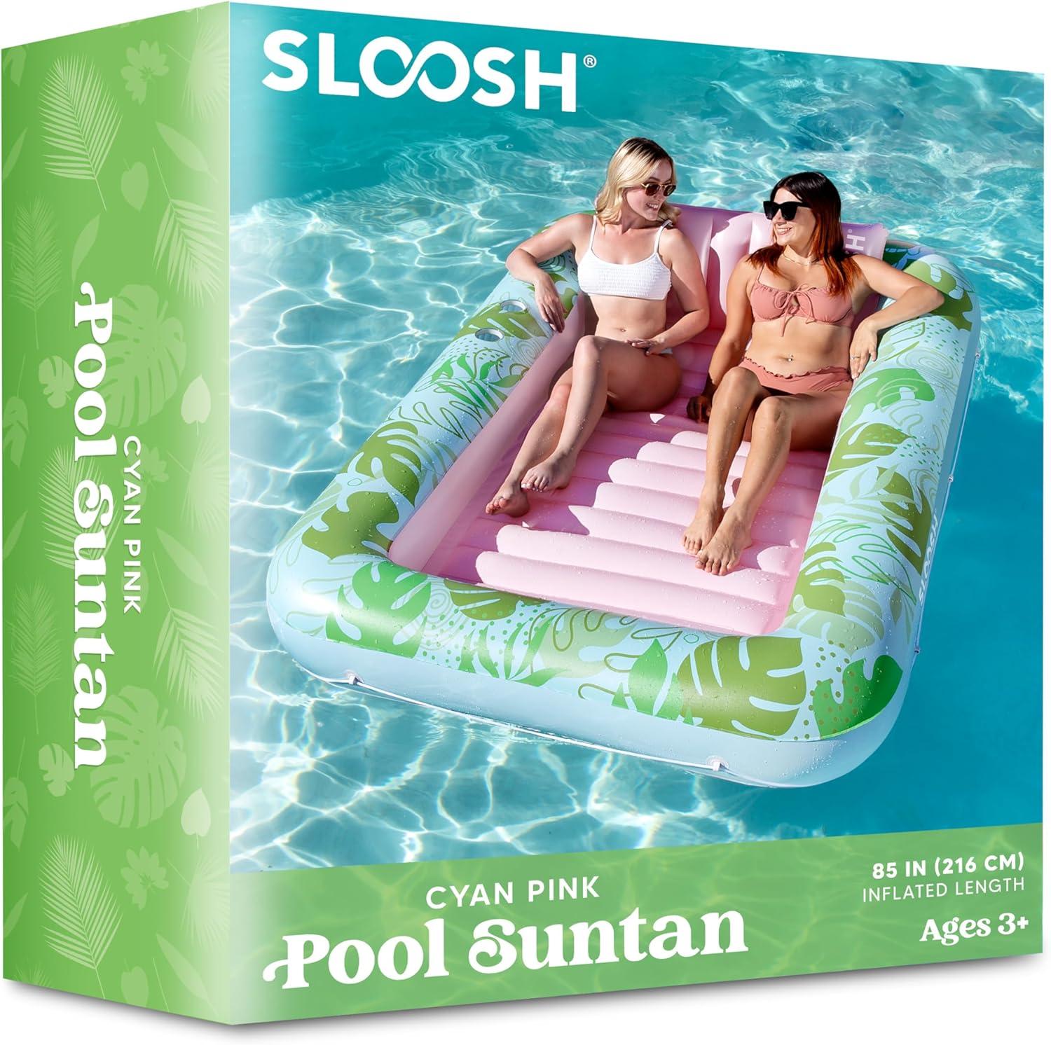 imageSLOOSH Inflatable Tanning Pool Lounger Float 85 x 57 Extra Large Pool Floats Adult with Pillow 4 in 1 Suntan Tub Raft FloatieSunbathing Bed Lounge for Water Blow Up Ball Pit Party Gifts XLBlueCyan Pink