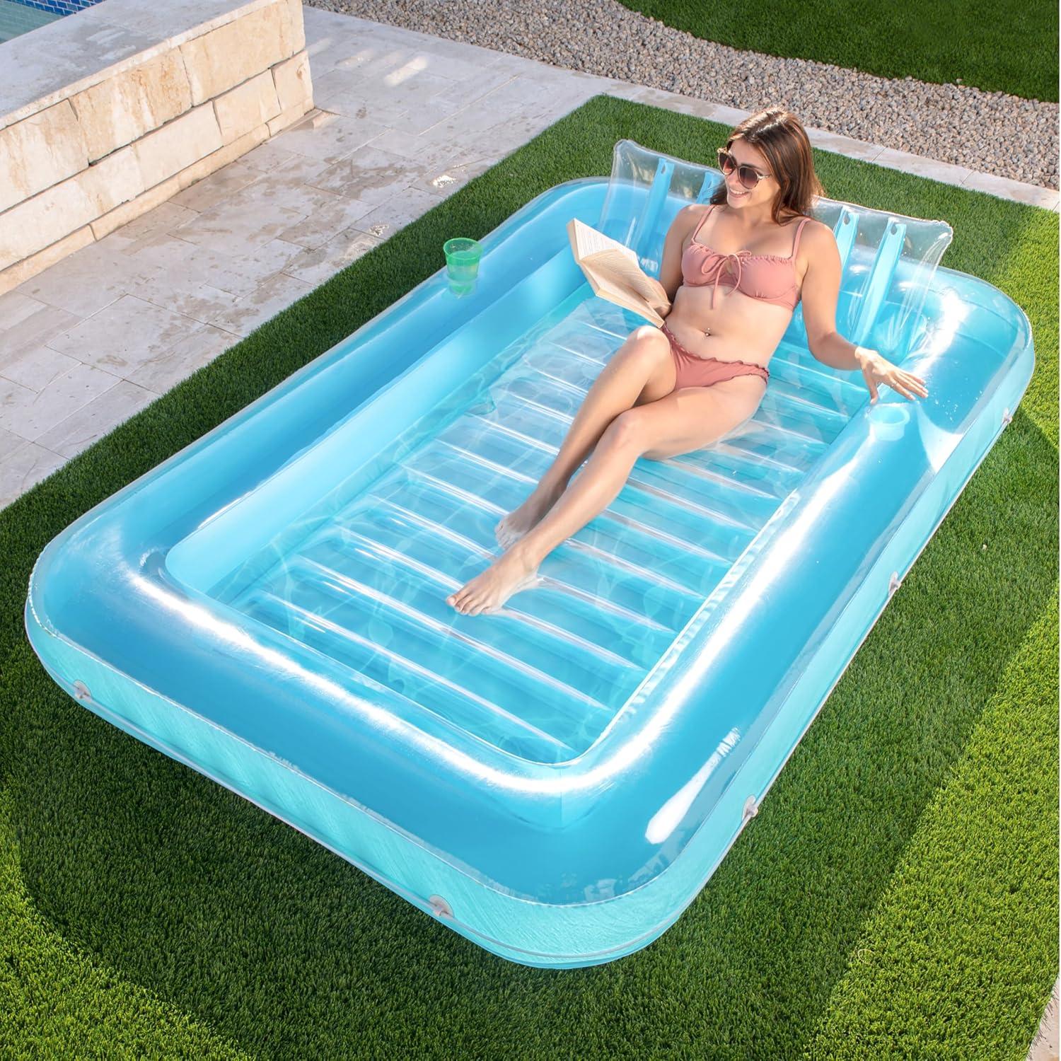 imageSLOOSH Inflatable Tanning Pool Lounger Float 85 x 57 Extra Large Pool Floats Adult with Pillow 4 in 1 Suntan Tub Raft FloatieSunbathing Bed Lounge for Water Blow Up Ball Pit XLGolden WhiteBlue