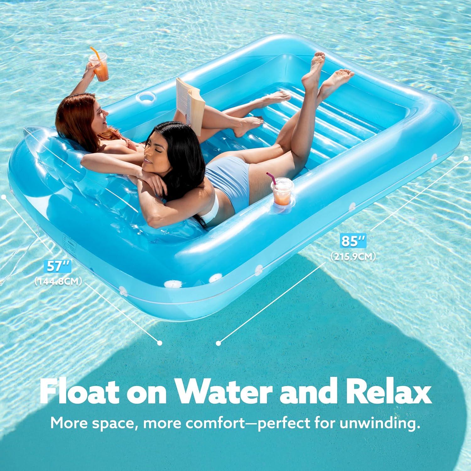 imageSLOOSH Inflatable Tanning Pool Lounger Float 85 x 57 Extra Large Pool Floats Adult with Pillow 4 in 1 Suntan Tub Raft FloatieSunbathing Bed Lounge for Water Blow Up Ball Pit XLGolden WhiteBlue