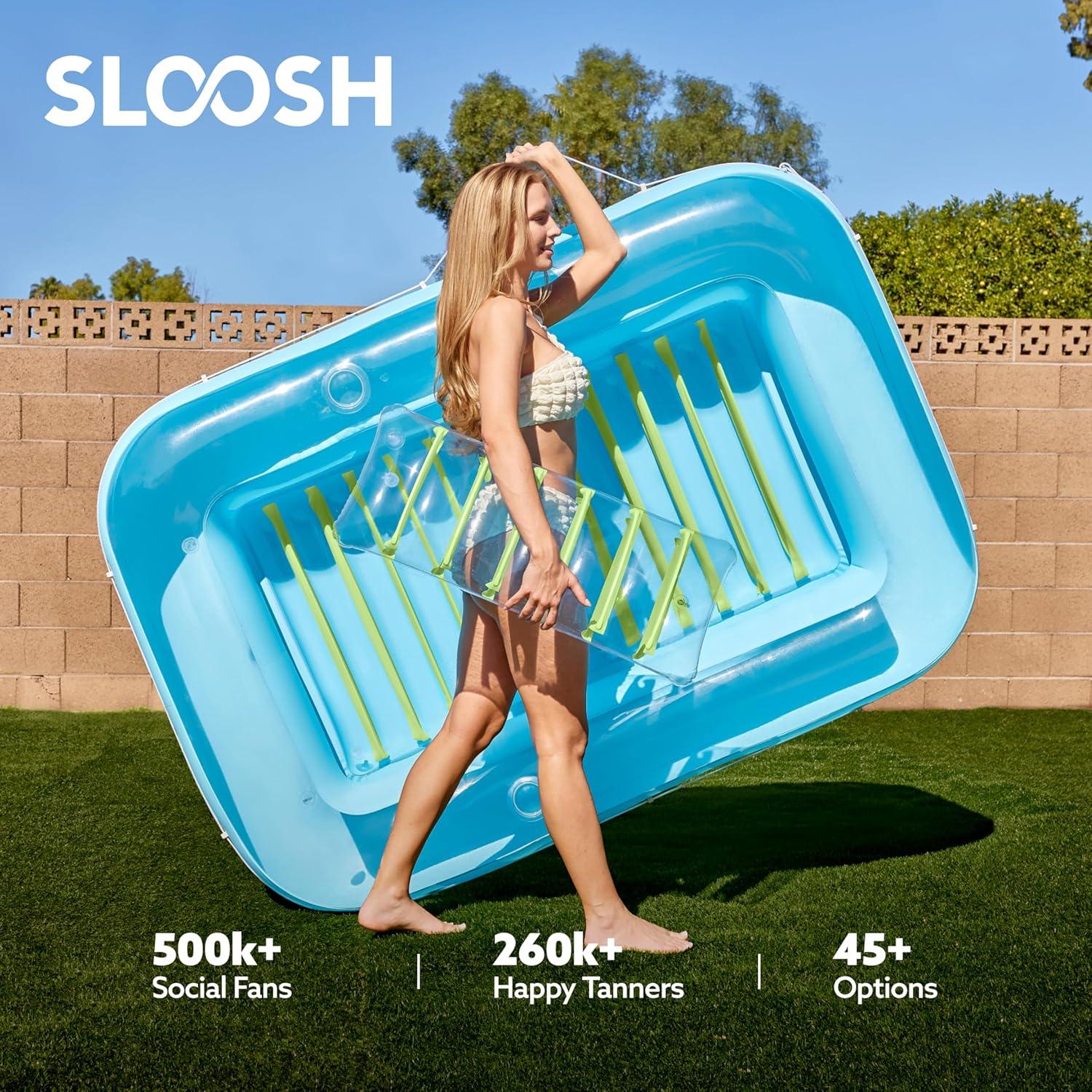imageSLOOSH Inflatable Tanning Pool Lounger Float 85 x 57 Extra Large Pool Floats Adult with Pillow 4 in 1 Suntan Tub Raft FloatieSunbathing Bed Lounge for Water Blow Up Ball Pit XLGolden WhiteBlue Green