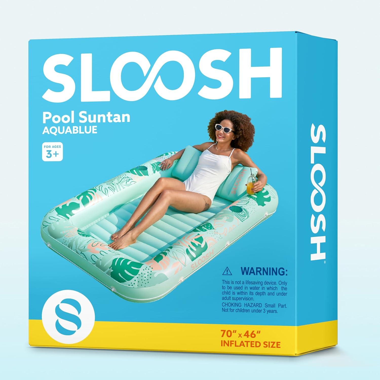 imageSLOOSH Inflatable Tanning Pool Lounger Float 85 x 57 Extra Large Pool Floats Adult with Pillow 4 in 1 Suntan Tub Raft FloatieSunbathing Bed Lounge for Water Blow Up Ball Pit Party Gifts XLBlueAqua Blue
