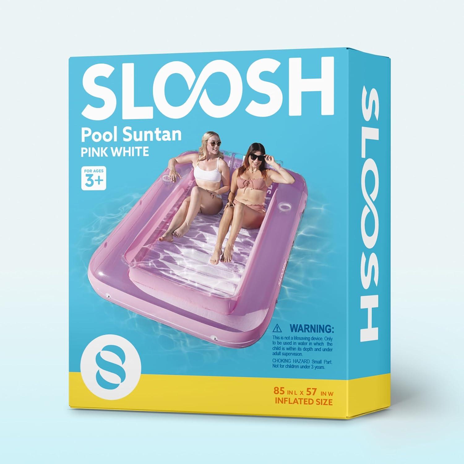 imageSLOOSH Inflatable Tanning Pool Lounger Float 85 x 57 Extra Large Pool Floats Adult with Pillow 4 in 1 Suntan Tub Raft FloatieSunbathing Bed Lounge for Water Blow Up Ball Pit XLGolden WhitePink White