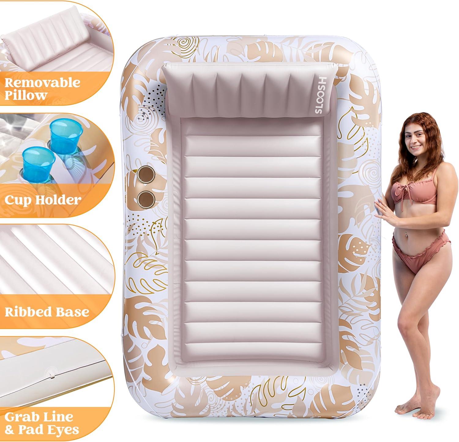 imageSLOOSH Inflatable Tanning Pool Lounger Float 85 x 57 Extra Large Pool Floats Adult with Pillow 4 in 1 Suntan Tub Raft FloatieSunbathing Bed Lounge for Water Blow Up Ball Pit Party Gifts XLBlueGolden White