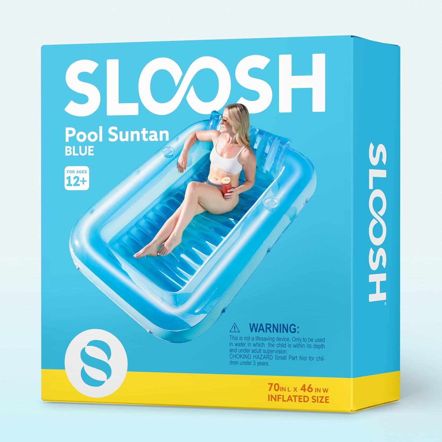 imageSLOOSH Inflatable Tanning Pool Lounger Float 85 x 57 Extra Large Pool Floats Adult with Pillow 4 in 1 Suntan Tub Raft FloatieSunbathing Bed Lounge for Water Blow Up Ball Pit XLGolden WhiteBlue