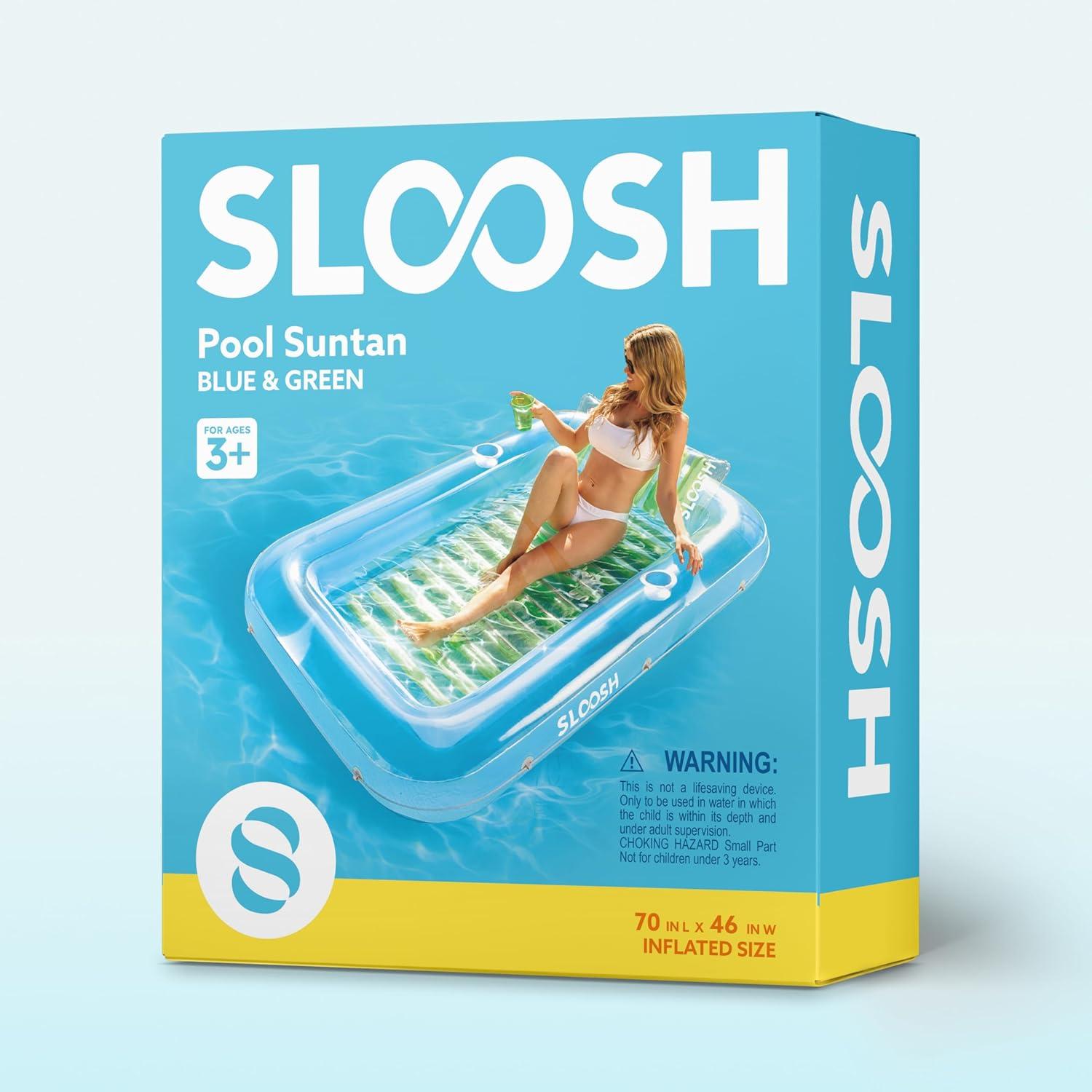 imageSLOOSH Inflatable Tanning Pool Lounger Float 85 x 57 Extra Large Pool Floats Adult with Pillow 4 in 1 Suntan Tub Raft FloatieSunbathing Bed Lounge for Water Blow Up Ball Pit XLGolden WhiteBlue Green