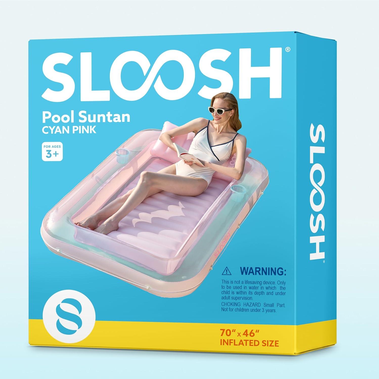 imageSLOOSH Inflatable Tanning Pool Lounger Float 85 x 57 Extra Large Pool Floats Adult with Pillow 4 in 1 Suntan Tub Raft FloatieSunbathing Bed Lounge for Water Blow Up Ball Pit XLGolden WhiteCyan Pink