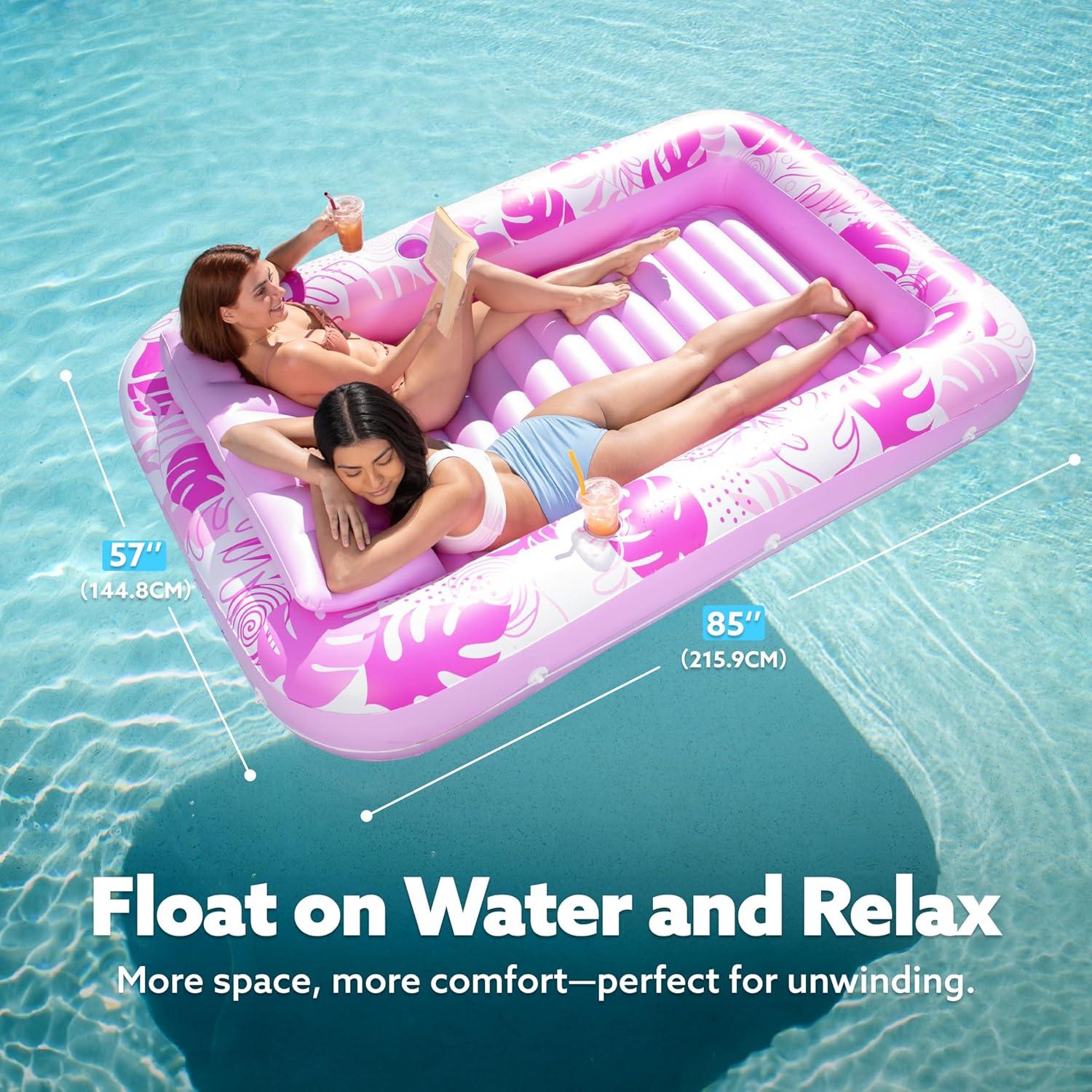 imageSLOOSH Inflatable Tanning Pool Lounger Float 85 x 57 Extra Large Pool Floats Adult with Pillow 4 in 1 Suntan Tub Raft FloatieSunbathing Bed Lounge for Water Blow Up Ball Pit Party Gifts XLBlueHot Pink