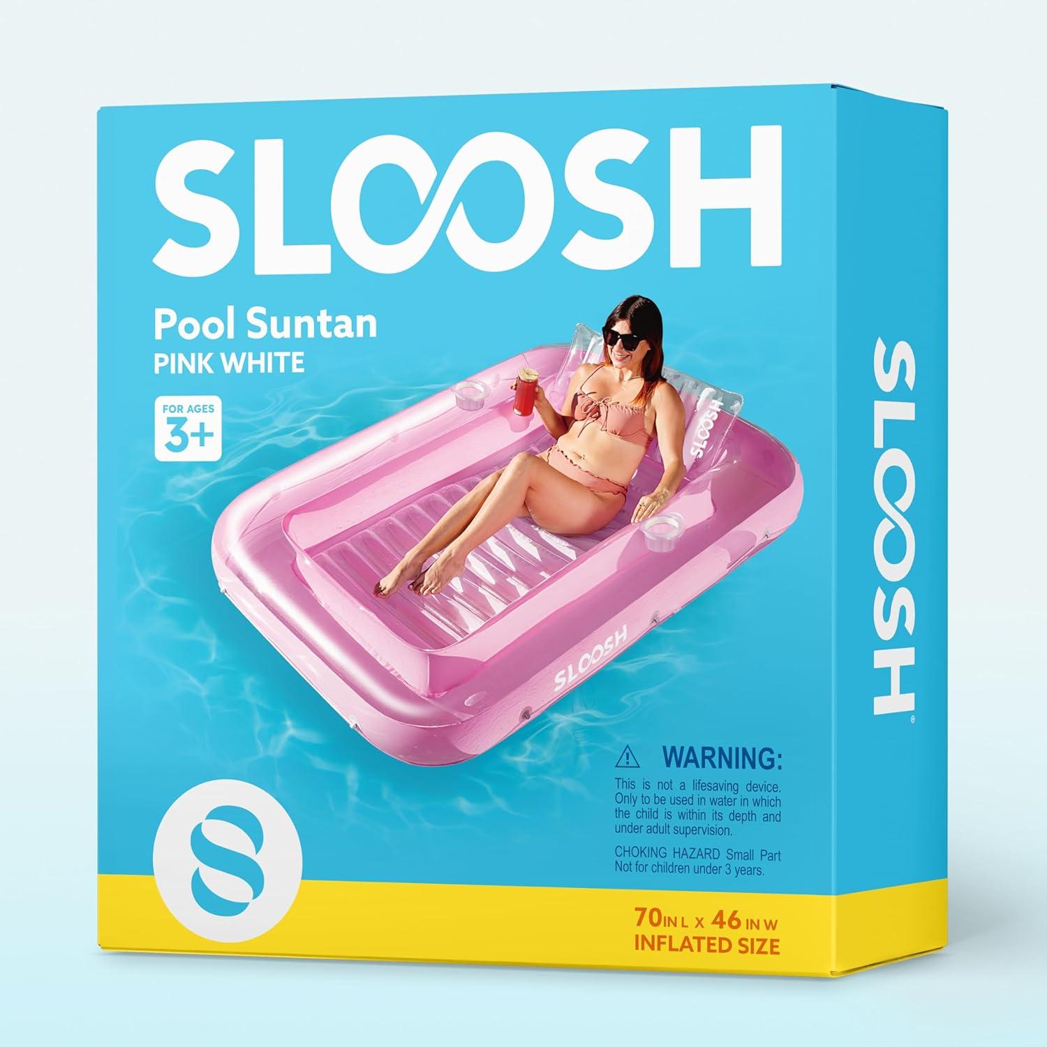 imageSLOOSH Inflatable Tanning Pool Lounger Float 85 x 57 Extra Large Pool Floats Adult with Pillow 4 in 1 Suntan Tub Raft FloatieSunbathing Bed Lounge for Water Blow Up Ball Pit XLGolden WhitePink White