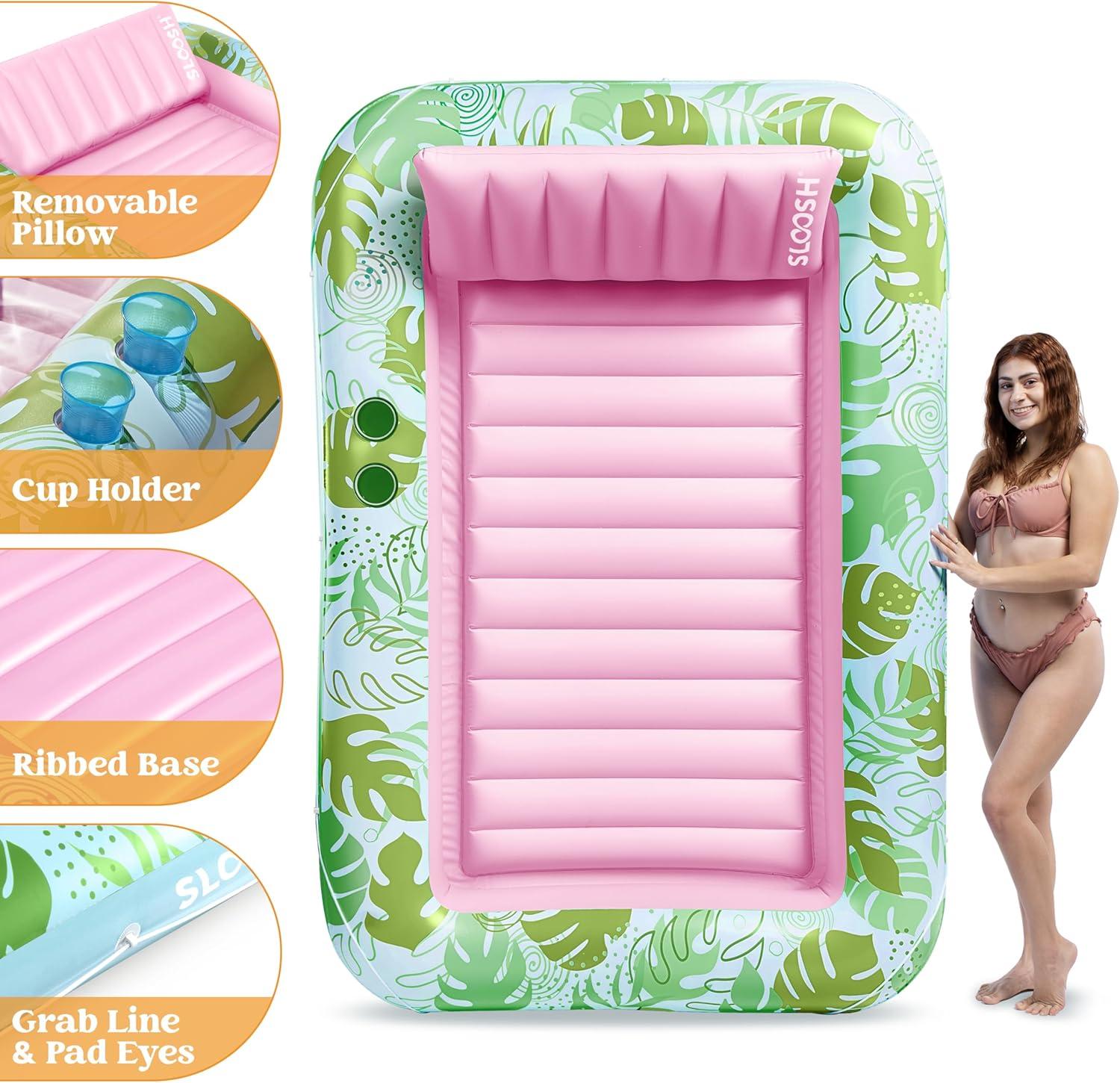 imageSLOOSH Inflatable Tanning Pool Lounger Float 85 x 57 Extra Large Pool Floats Adult with Pillow 4 in 1 Suntan Tub Raft FloatieSunbathing Bed Lounge for Water Blow Up Ball Pit Party Gifts XLBlueCyan Pink