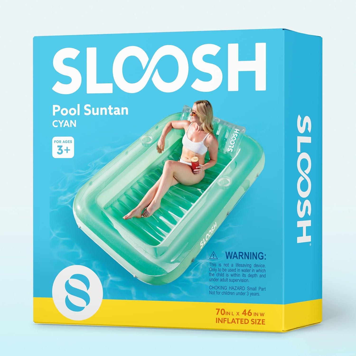 imageSLOOSH Inflatable Tanning Pool Lounger Float 85 x 57 Extra Large Pool Floats Adult with Pillow 4 in 1 Suntan Tub Raft FloatieSunbathing Bed Lounge for Water Blow Up Ball Pit XLGolden WhiteCyan