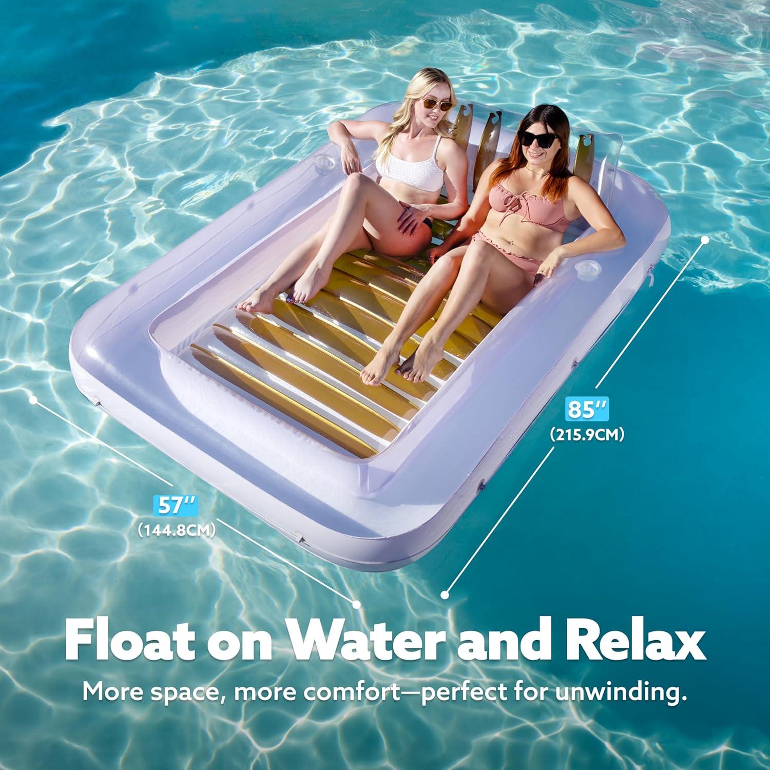 imageSLOOSH Inflatable Tanning Pool Lounger Float 85 x 57 Extra Large Pool Floats Adult with Pillow 4 in 1 Suntan Tub Raft FloatieSunbathing Bed Lounge for Water Blow Up Ball Pit XLGolden WhiteGolden White
