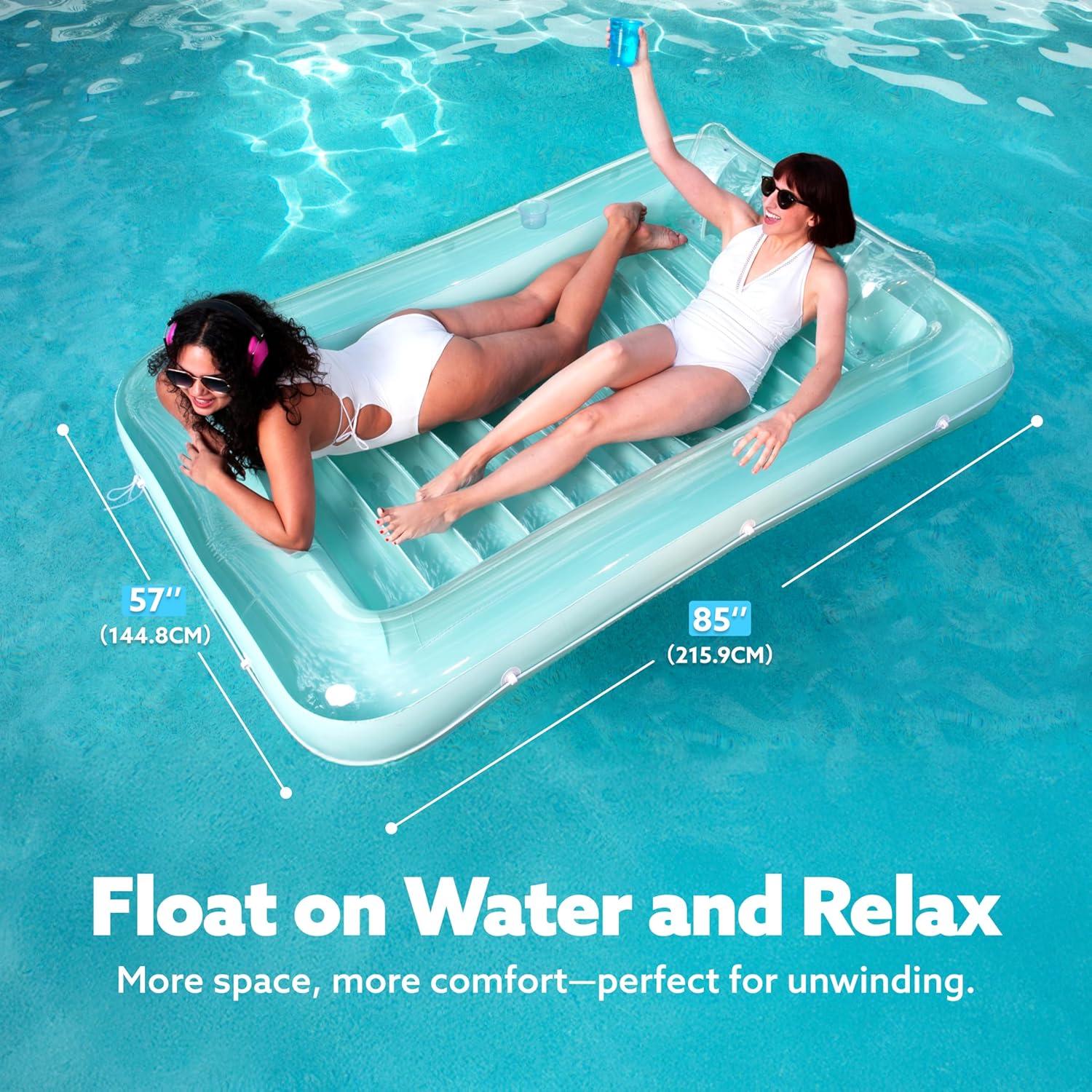 imageSLOOSH Inflatable Tanning Pool Lounger Float 85 x 57 Extra Large Pool Floats Adult with Pillow 4 in 1 Suntan Tub Raft FloatieSunbathing Bed Lounge for Water Blow Up Ball Pit XLGolden WhiteCyan
