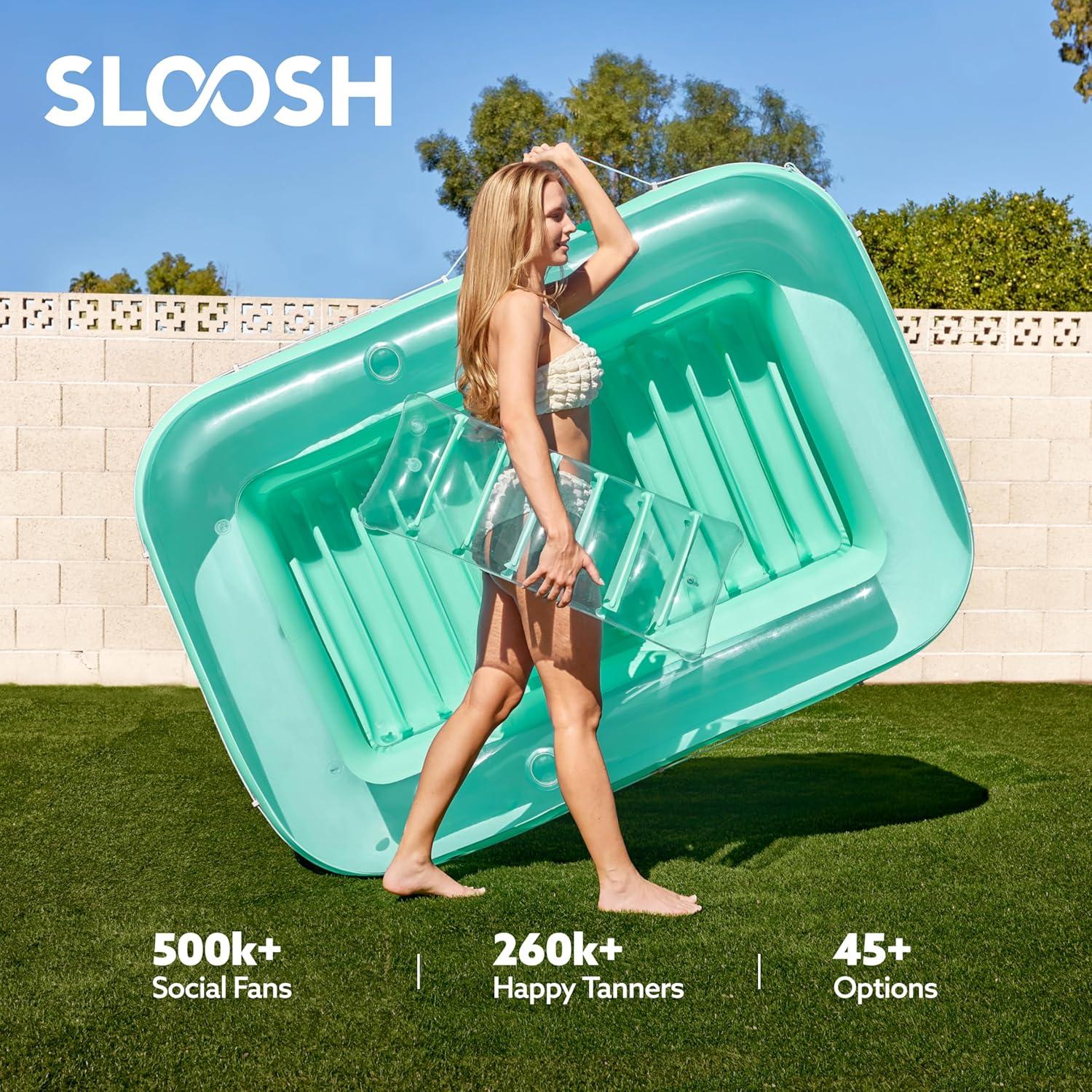 imageSLOOSH Inflatable Tanning Pool Lounger Float 85 x 57 Extra Large Pool Floats Adult with Pillow 4 in 1 Suntan Tub Raft FloatieSunbathing Bed Lounge for Water Blow Up Ball Pit XLGolden WhiteCyan