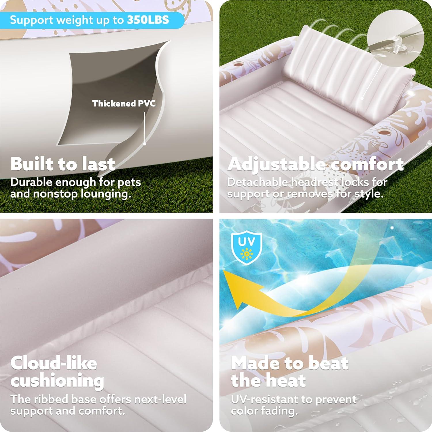 imageSLOOSH Inflatable Tanning Pool Lounger Float 85 x 57 Extra Large Pool Floats Adult with Pillow 4 in 1 Suntan Tub Raft FloatieSunbathing Bed Lounge for Water Blow Up Ball Pit Party Gifts XLBlueGolden White