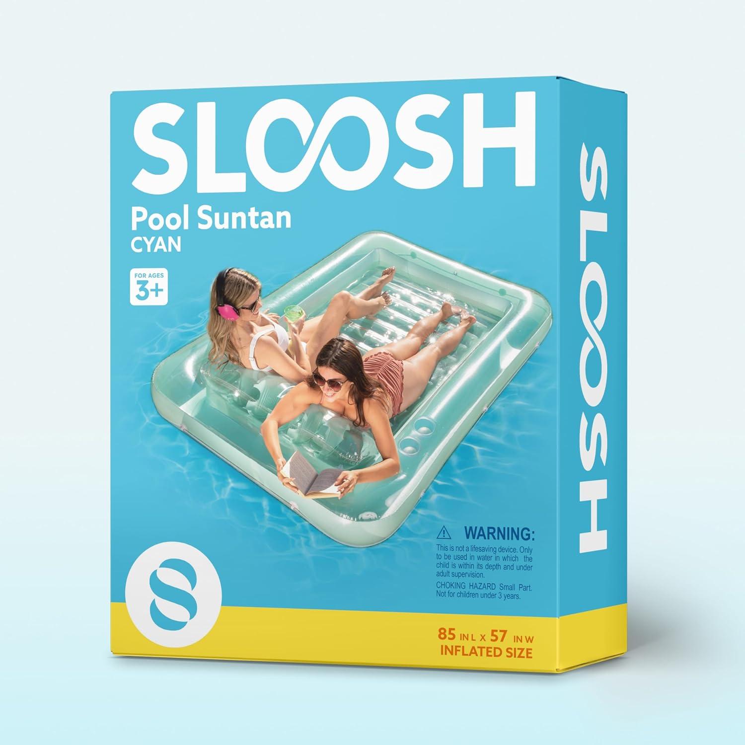 imageSLOOSH Inflatable Tanning Pool Lounger Float 85 x 57 Extra Large Pool Floats Adult with Pillow 4 in 1 Suntan Tub Raft FloatieSunbathing Bed Lounge for Water Blow Up Ball Pit XLGolden WhiteCyan