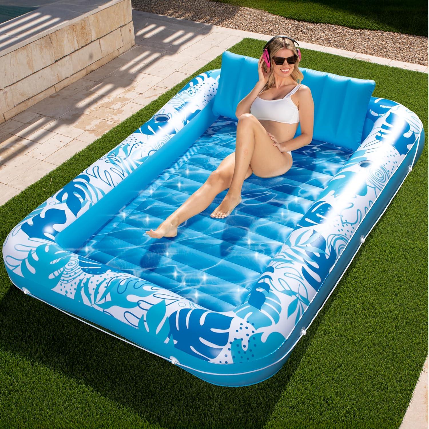 imageSLOOSH Inflatable Tanning Pool Lounger Float 85 x 57 Extra Large Pool Floats Adult with Pillow 4 in 1 Suntan Tub Raft FloatieSunbathing Bed Lounge for Water Blow Up Ball Pit Party Gifts XLBlueBlue