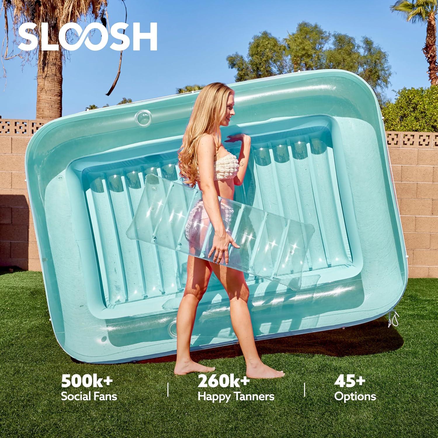 imageSLOOSH Inflatable Tanning Pool Lounger Float 85 x 57 Extra Large Pool Floats Adult with Pillow 4 in 1 Suntan Tub Raft FloatieSunbathing Bed Lounge for Water Blow Up Ball Pit XLGolden WhiteCyan
