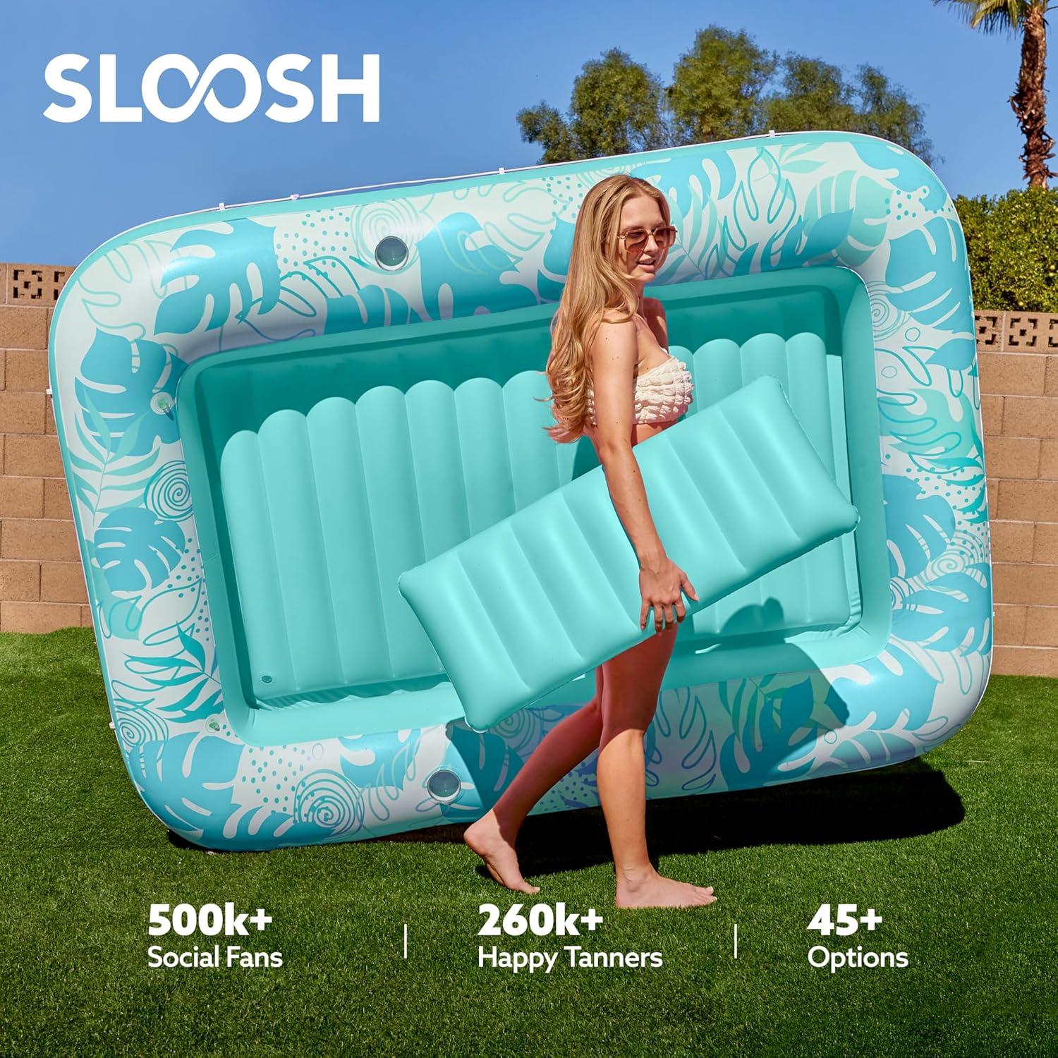 imageSLOOSH Inflatable Tanning Pool Lounger Float 85 x 57 Extra Large Pool Floats Adult with Pillow 4 in 1 Suntan Tub Raft FloatieSunbathing Bed Lounge for Water Blow Up Ball Pit Party Gifts XLBlueCyan White