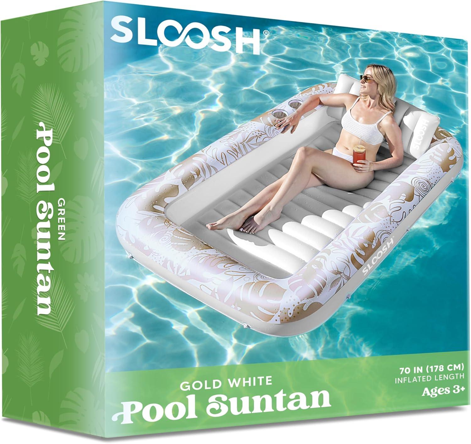 imageSLOOSH Inflatable Tanning Pool Lounger Float 85 x 57 Extra Large Pool Floats Adult with Pillow 4 in 1 Suntan Tub Raft FloatieSunbathing Bed Lounge for Water Blow Up Ball Pit Party Gifts XLBlueGolden White