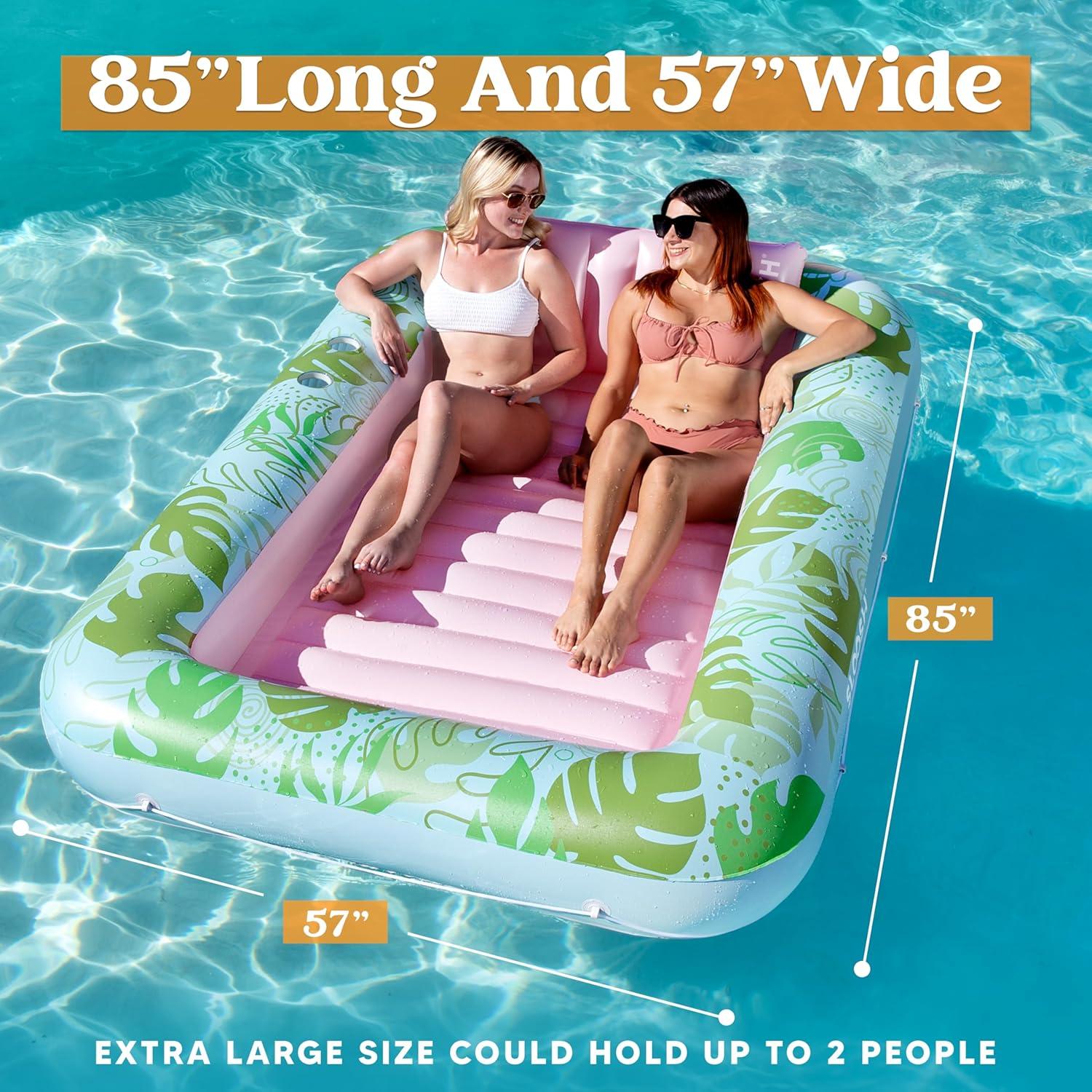 imageSLOOSH Inflatable Tanning Pool Lounger Float 85 x 57 Extra Large Pool Floats Adult with Pillow 4 in 1 Suntan Tub Raft FloatieSunbathing Bed Lounge for Water Blow Up Ball Pit Party Gifts XLBlueCyan Pink