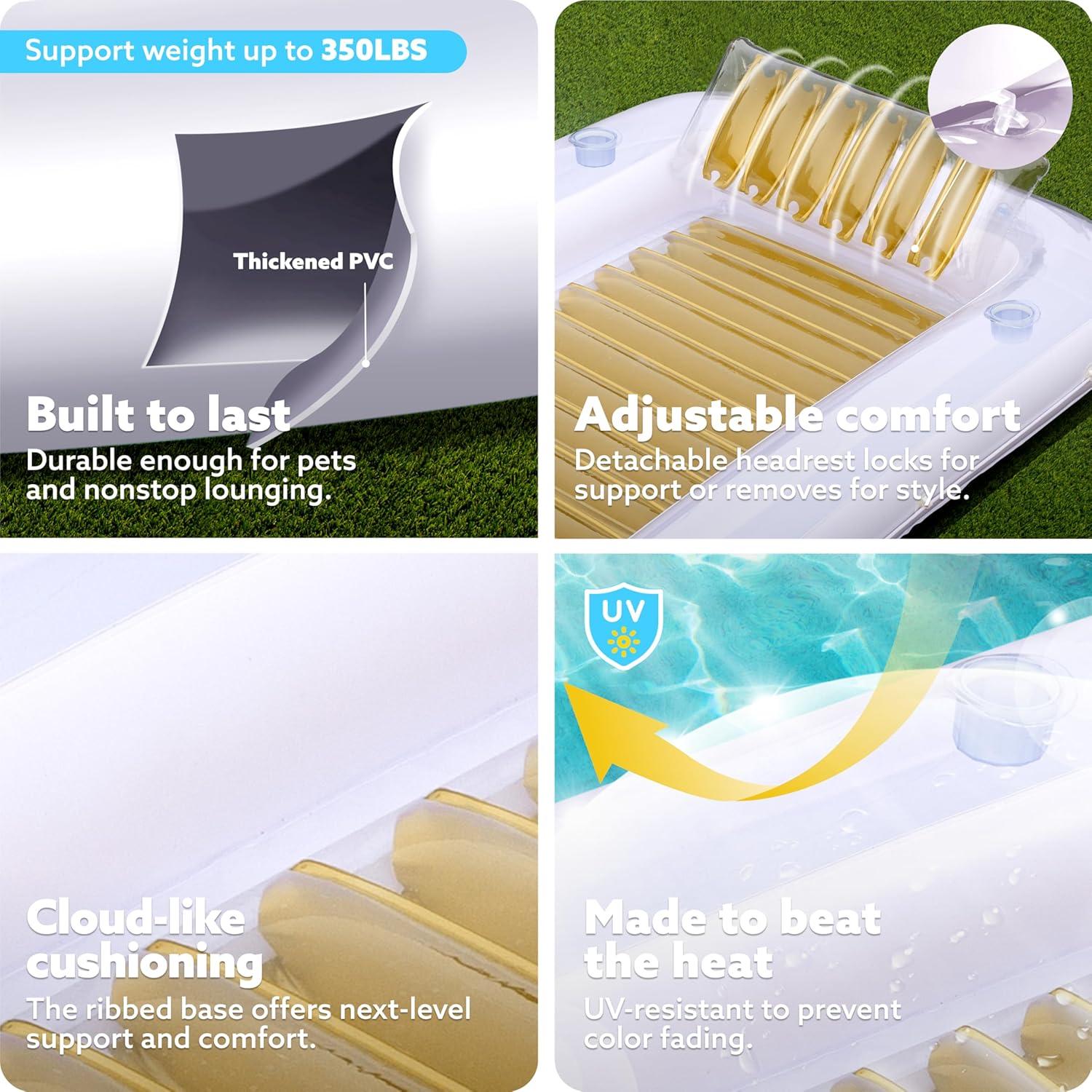 imageSLOOSH Inflatable Tanning Pool Lounger Float 85 x 57 Extra Large Pool Floats Adult with Pillow 4 in 1 Suntan Tub Raft FloatieSunbathing Bed Lounge for Water Blow Up Ball Pit XLGolden WhiteGolden White