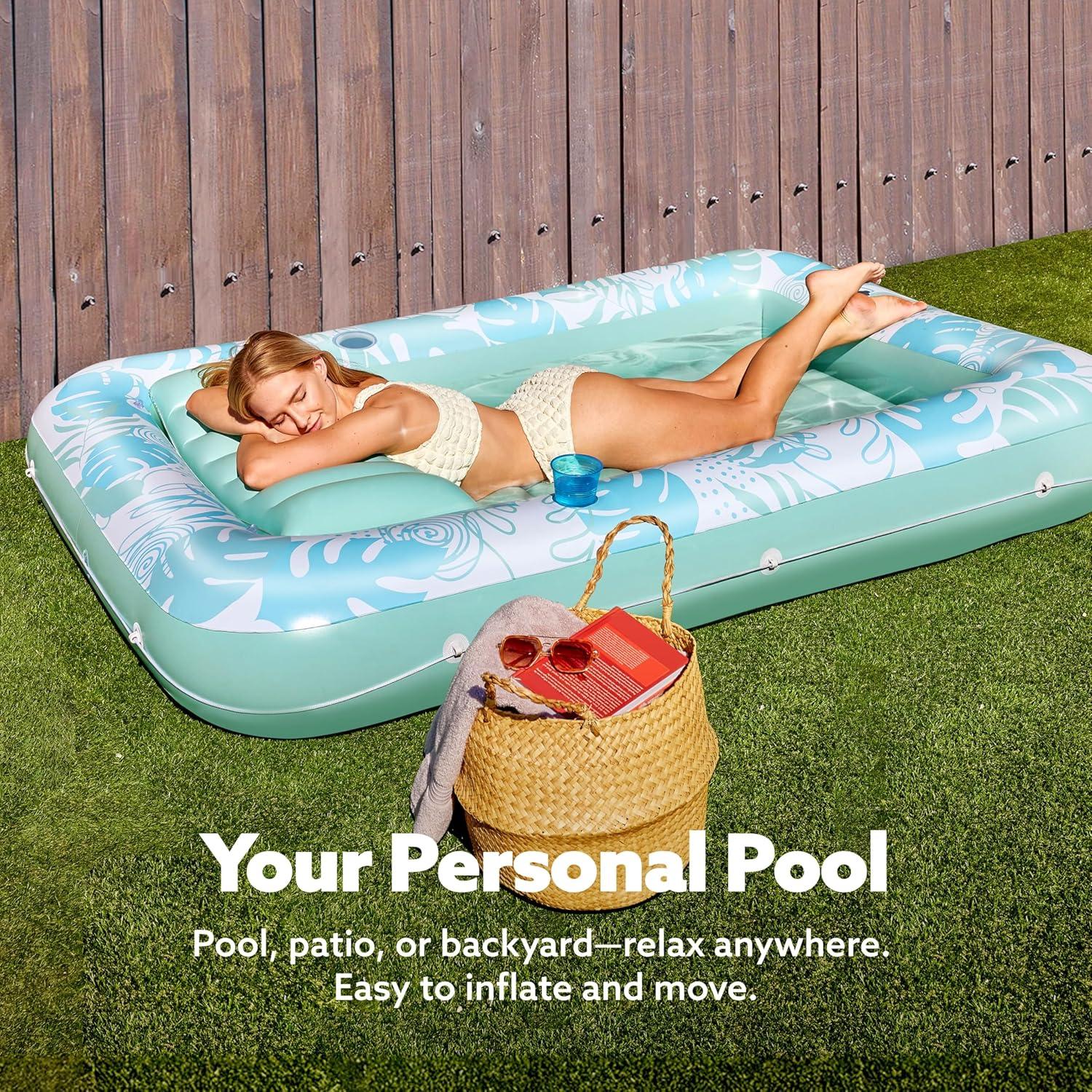 imageSLOOSH Inflatable Tanning Pool Lounger Float 85 x 57 Extra Large Pool Floats Adult with Pillow 4 in 1 Suntan Tub Raft FloatieSunbathing Bed Lounge for Water Blow Up Ball Pit Party Gifts XLBlueCyan White