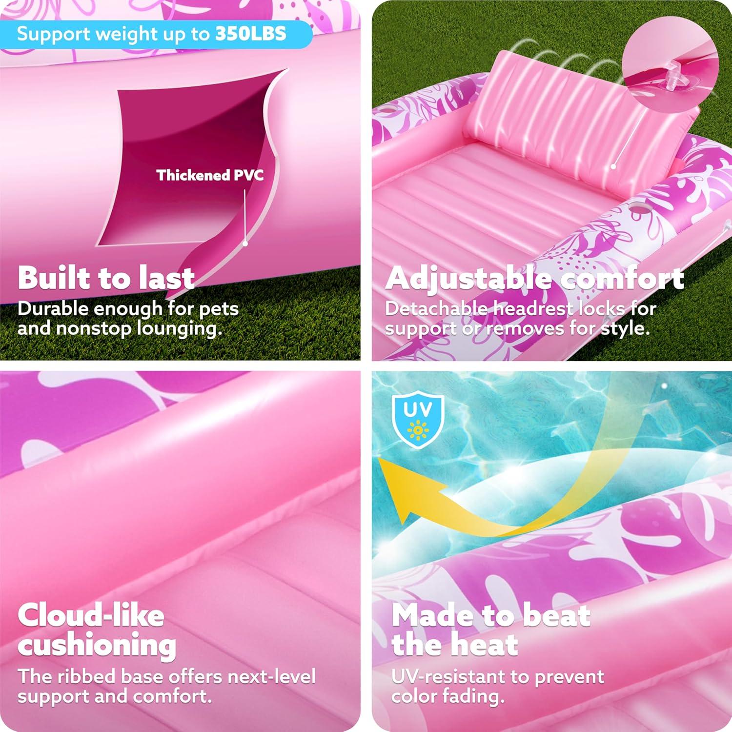 imageSLOOSH Inflatable Tanning Pool Lounger Float 85 x 57 Extra Large Pool Floats Adult with Pillow 4 in 1 Suntan Tub Raft FloatieSunbathing Bed Lounge for Water Blow Up Ball Pit Party Gifts XLBlueHot Pink