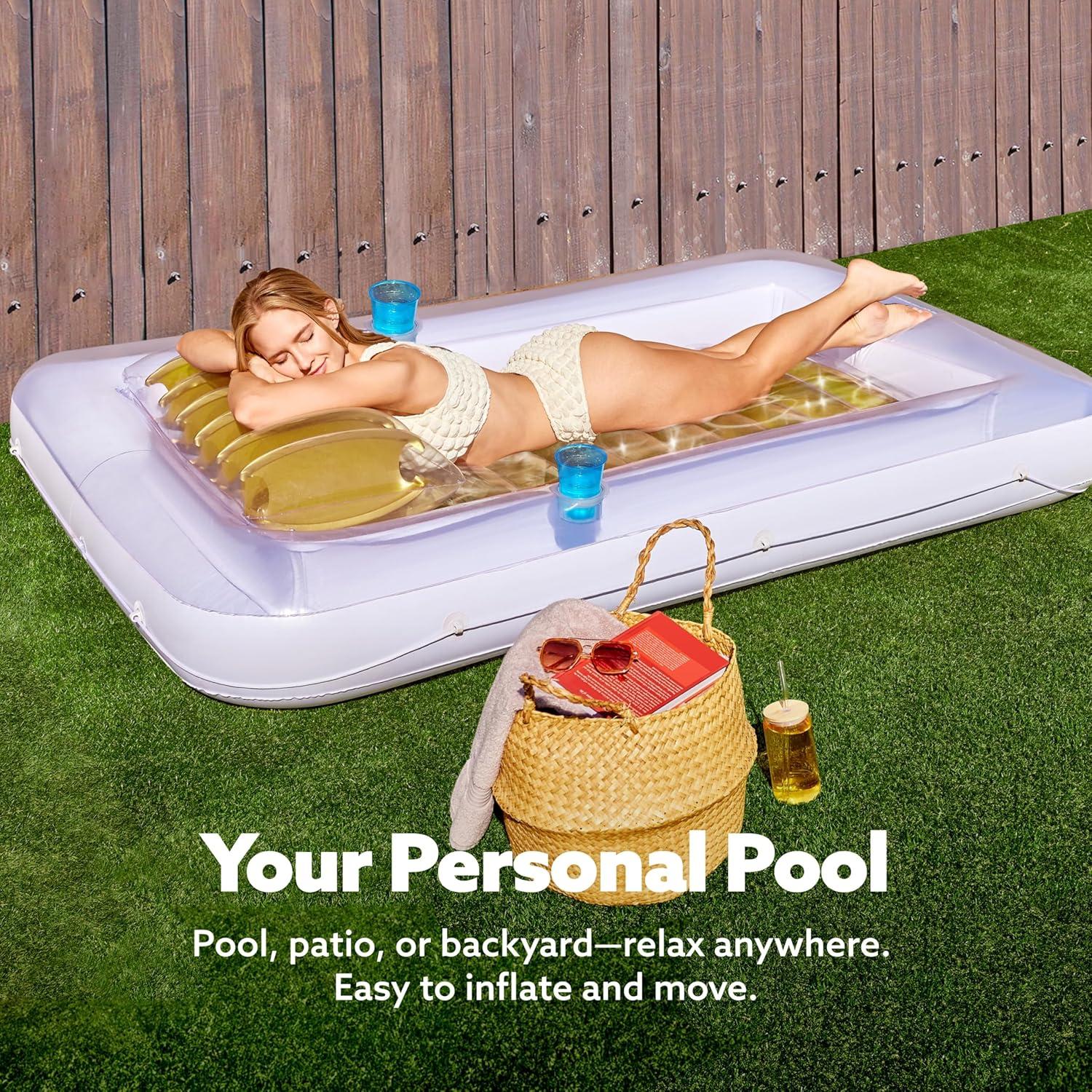 imageSLOOSH Inflatable Tanning Pool Lounger Float 85 x 57 Extra Large Pool Floats Adult with Pillow 4 in 1 Suntan Tub Raft FloatieSunbathing Bed Lounge for Water Blow Up Ball Pit XLGolden WhiteGolden White