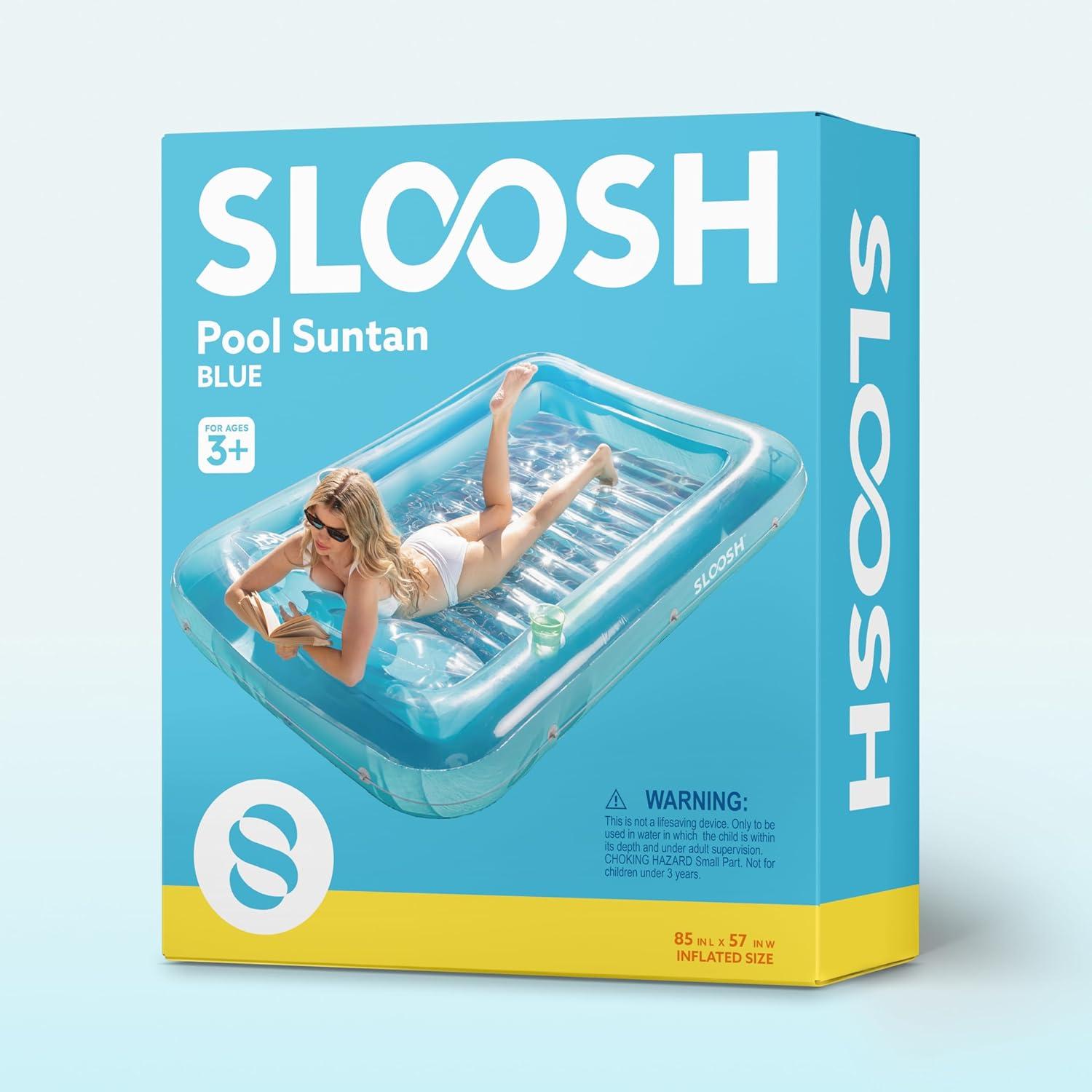 imageSLOOSH Inflatable Tanning Pool Lounger Float 85 x 57 Extra Large Pool Floats Adult with Pillow 4 in 1 Suntan Tub Raft FloatieSunbathing Bed Lounge for Water Blow Up Ball Pit XLGolden WhiteBlue