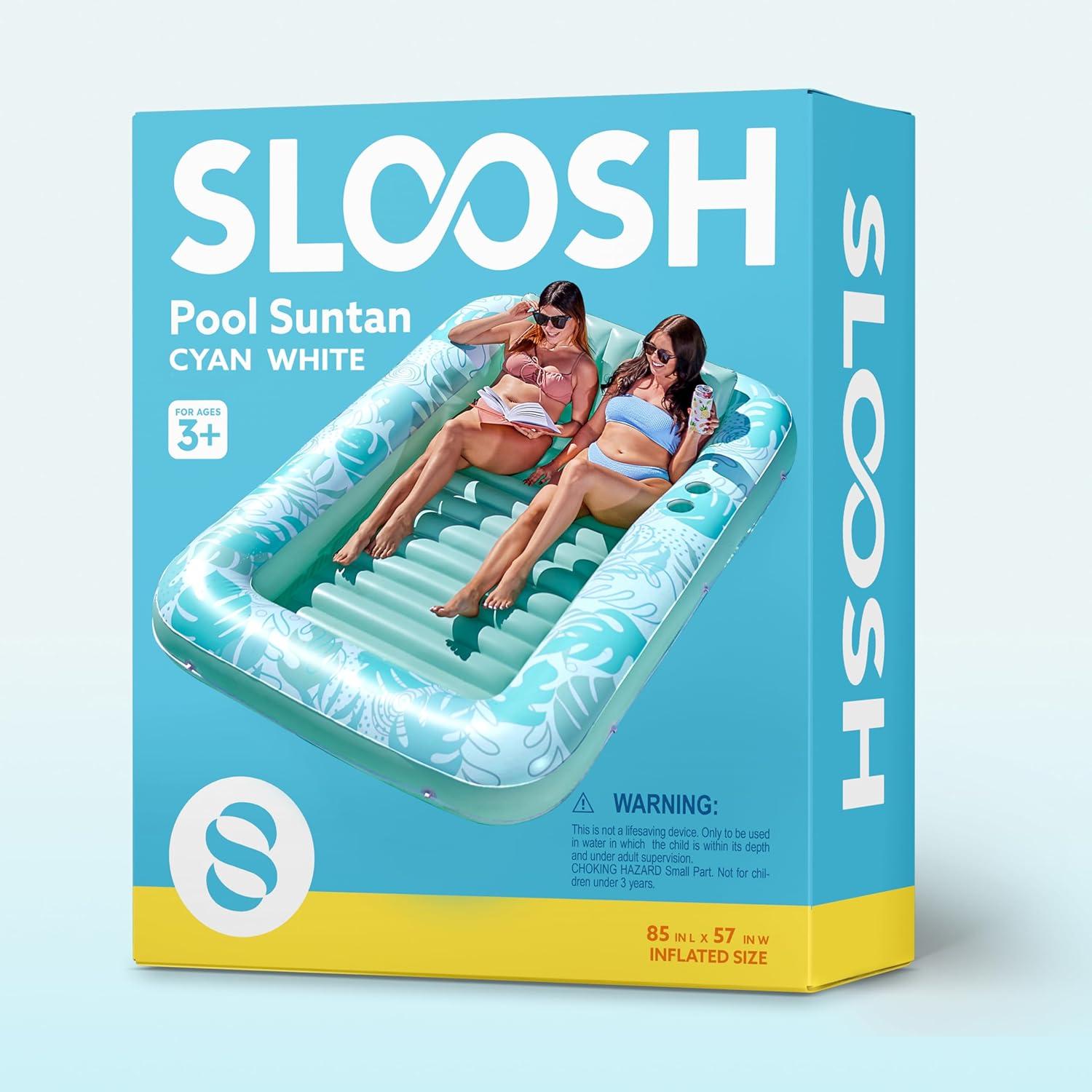 imageSLOOSH Inflatable Tanning Pool Lounger Float 85 x 57 Extra Large Pool Floats Adult with Pillow 4 in 1 Suntan Tub Raft FloatieSunbathing Bed Lounge for Water Blow Up Ball Pit Party Gifts XLBlueCyan White