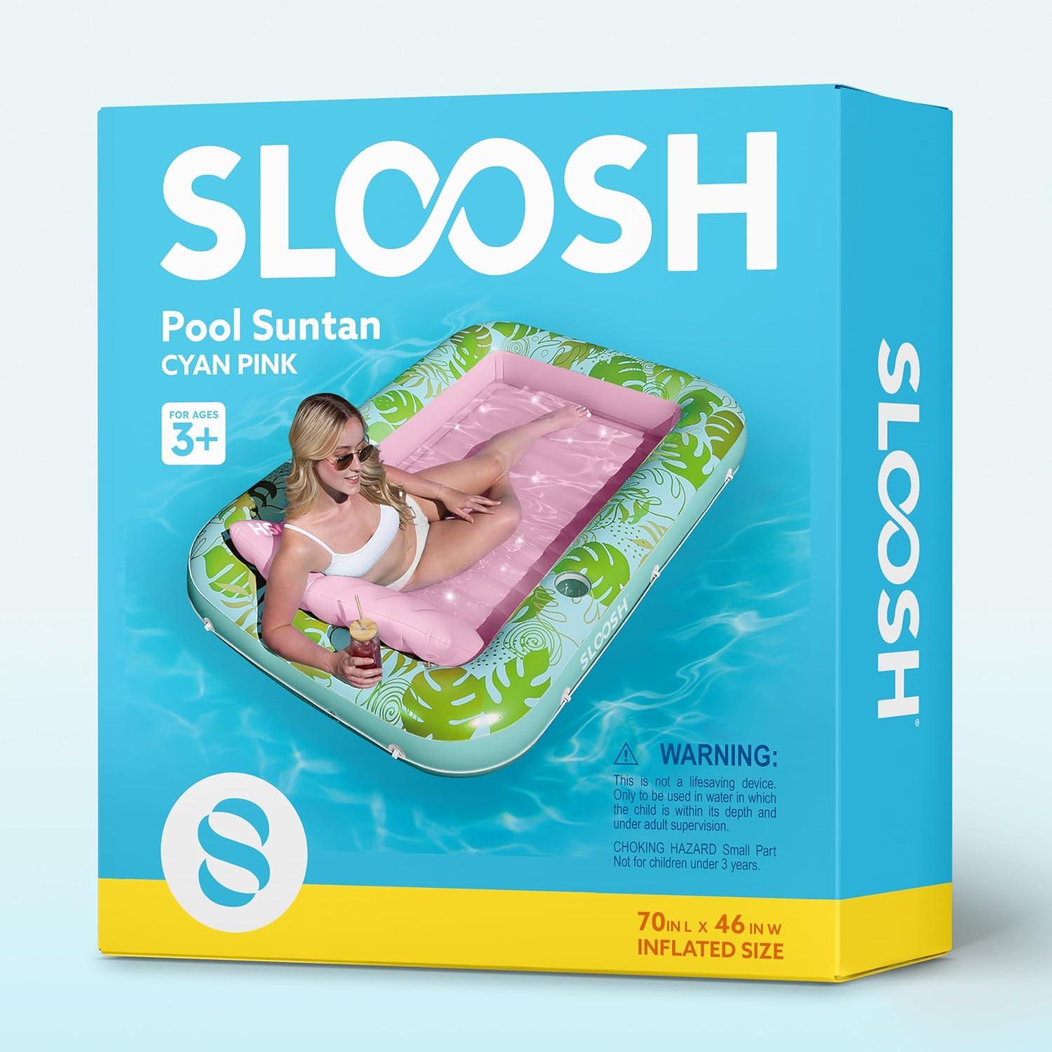 imageSLOOSH Inflatable Tanning Pool Lounger Float 85 x 57 Extra Large Pool Floats Adult with Pillow 4 in 1 Suntan Tub Raft FloatieSunbathing Bed Lounge for Water Blow Up Ball Pit Party Gifts XLBlueCyan Pink
