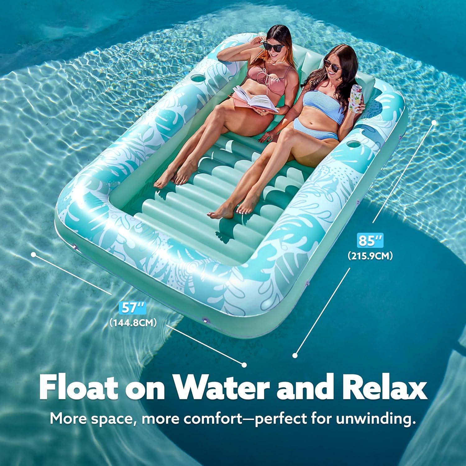 imageSLOOSH Inflatable Tanning Pool Lounger Float 85 x 57 Extra Large Pool Floats Adult with Pillow 4 in 1 Suntan Tub Raft FloatieSunbathing Bed Lounge for Water Blow Up Ball Pit Party Gifts XLBlueCyan White