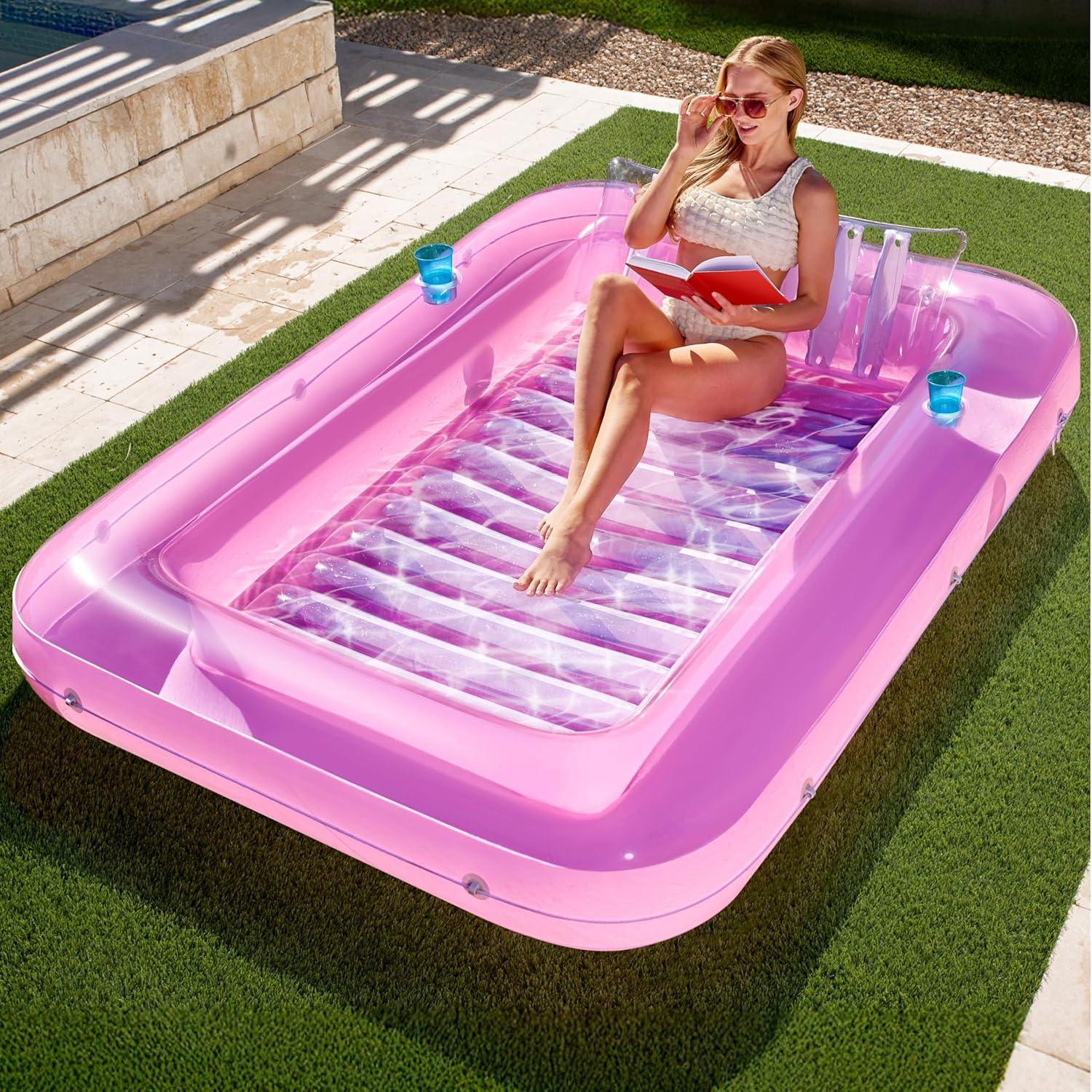 imageSLOOSH Inflatable Tanning Pool Lounger Float 85 x 57 Extra Large Pool Floats Adult with Pillow 4 in 1 Suntan Tub Raft FloatieSunbathing Bed Lounge for Water Blow Up Ball Pit XLGolden WhitePink White