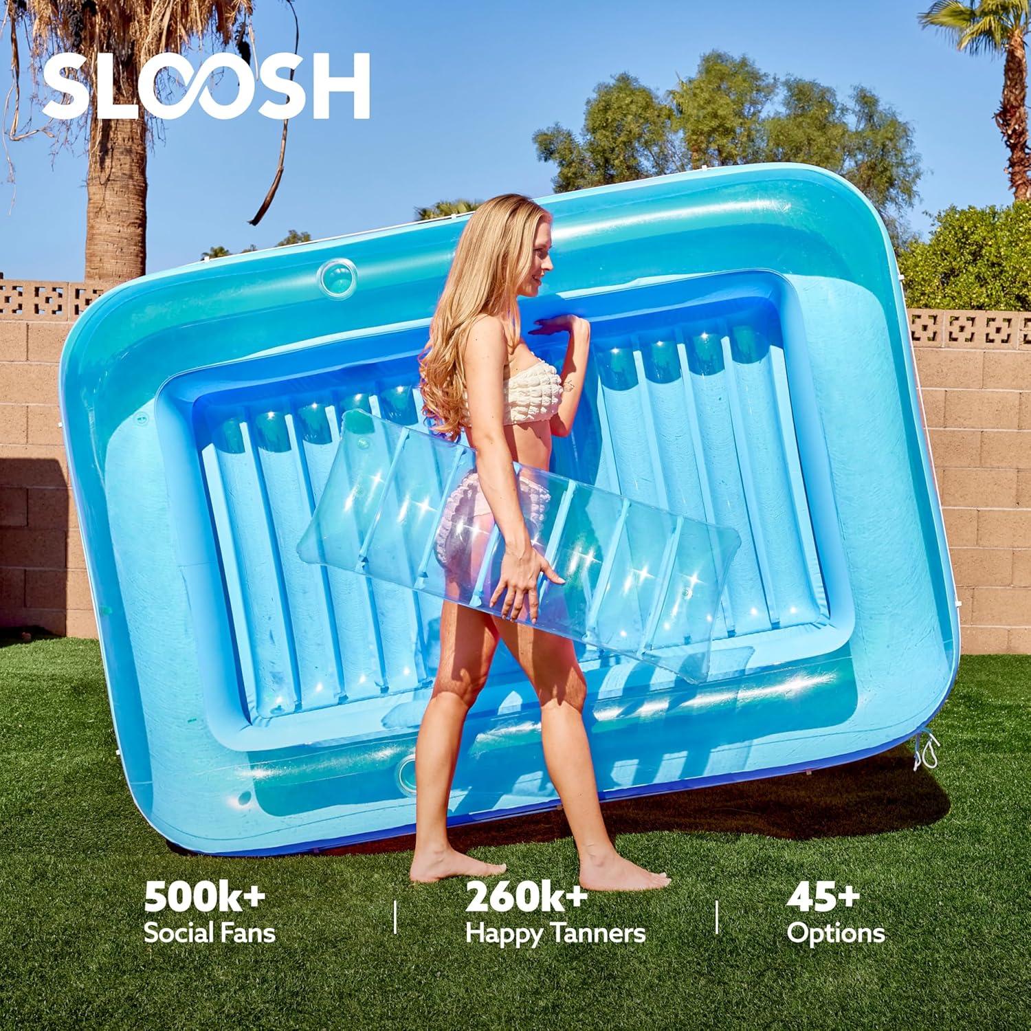 imageSLOOSH Inflatable Tanning Pool Lounger Float 85 x 57 Extra Large Pool Floats Adult with Pillow 4 in 1 Suntan Tub Raft FloatieSunbathing Bed Lounge for Water Blow Up Ball Pit XLGolden WhiteBlue