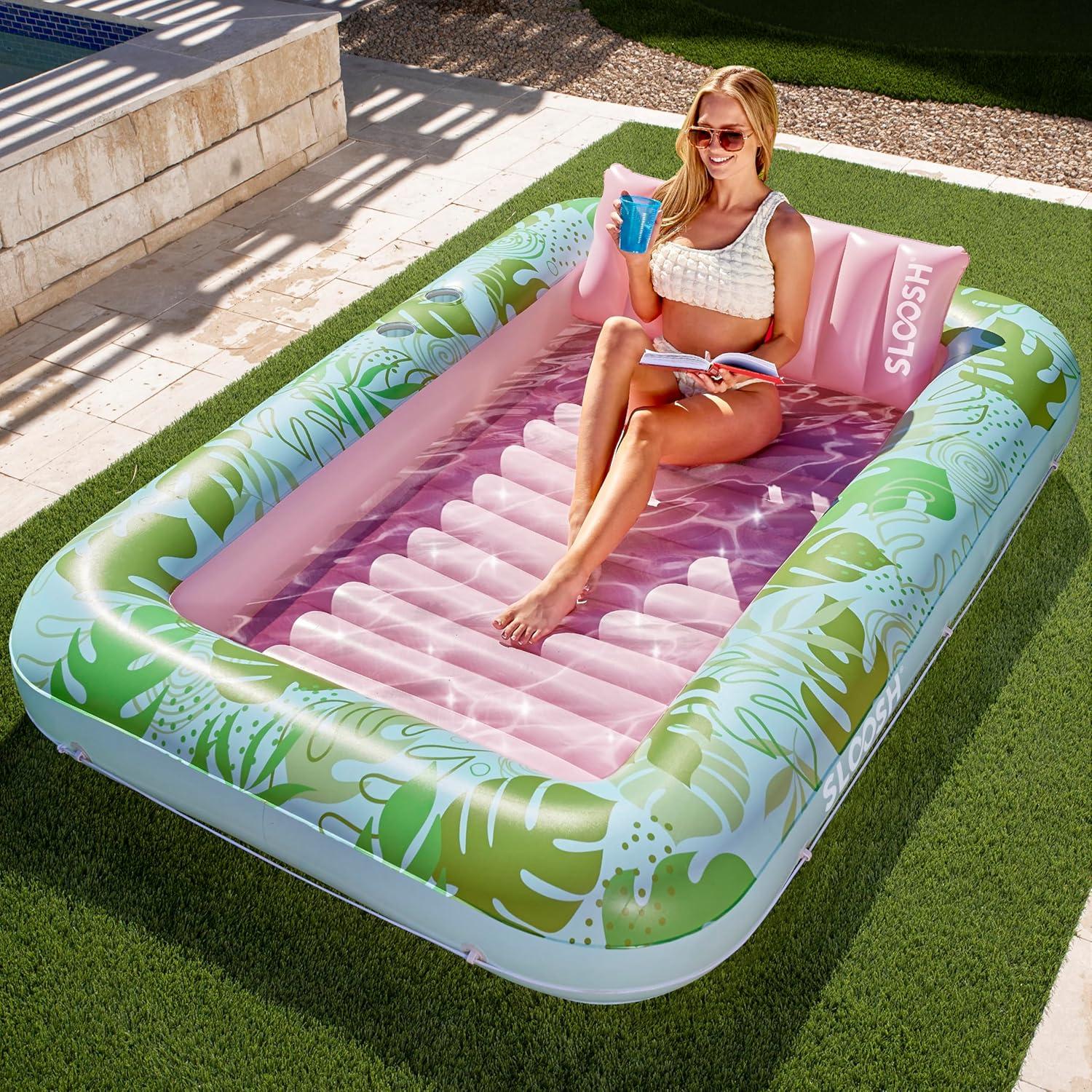 imageSLOOSH Inflatable Tanning Pool Lounger Float 85 x 57 Extra Large Pool Floats Adult with Pillow 4 in 1 Suntan Tub Raft FloatieSunbathing Bed Lounge for Water Blow Up Ball Pit Party Gifts XLBlueCyan Pink