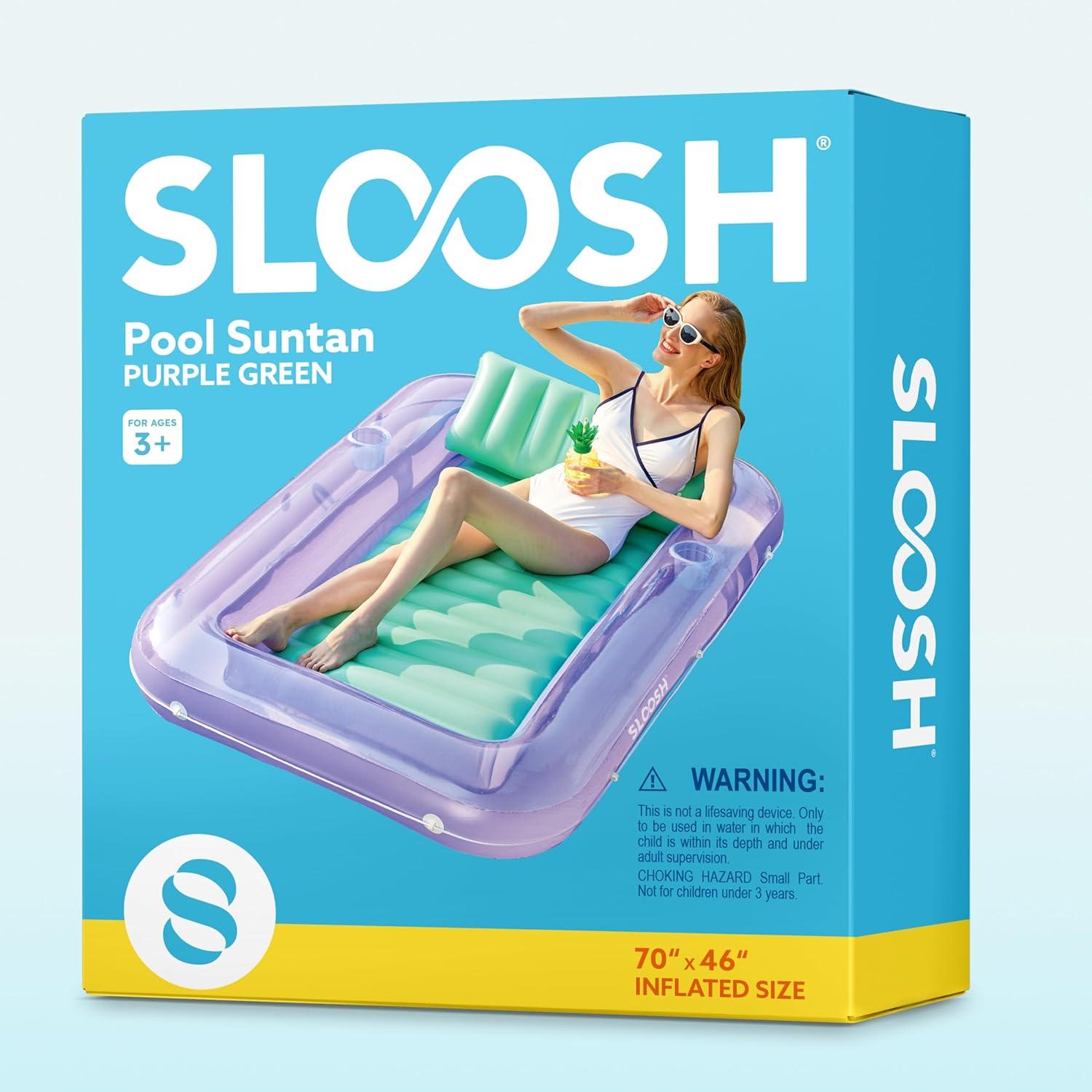 imageSLOOSH Inflatable Tanning Pool Lounger Float 85 x 57 Extra Large Pool Floats Adult with Pillow 4 in 1 Suntan Tub Raft FloatieSunbathing Bed Lounge for Water Blow Up Ball Pit XLGolden WhitePurple Green