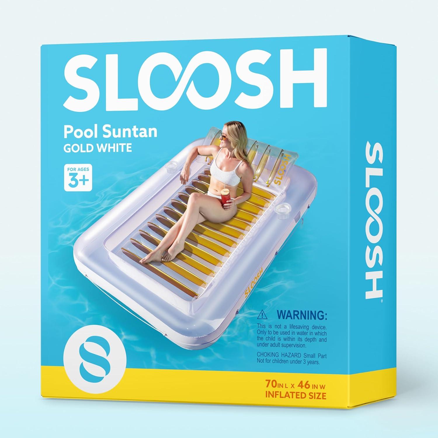 imageSLOOSH Inflatable Tanning Pool Lounger Float 85 x 57 Extra Large Pool Floats Adult with Pillow 4 in 1 Suntan Tub Raft FloatieSunbathing Bed Lounge for Water Blow Up Ball Pit XLGolden WhiteGolden White