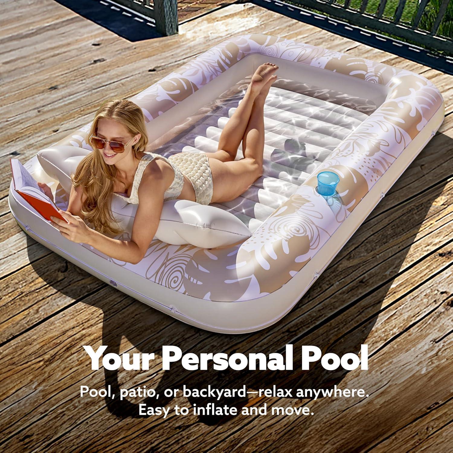 imageSLOOSH Inflatable Tanning Pool Lounger Float 85 x 57 Extra Large Pool Floats Adult with Pillow 4 in 1 Suntan Tub Raft FloatieSunbathing Bed Lounge for Water Blow Up Ball Pit Party Gifts XLBlueGolden White