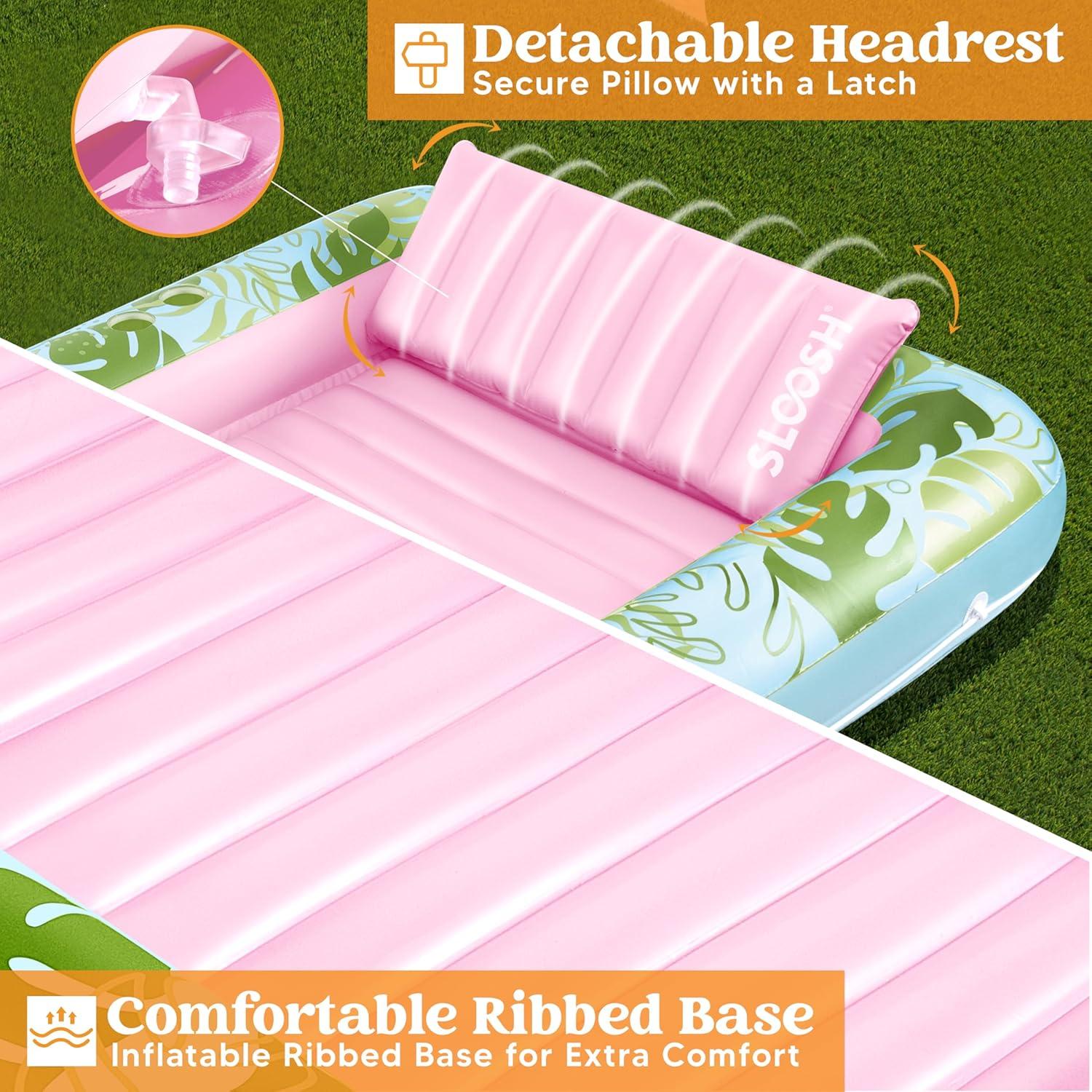 imageSLOOSH Inflatable Tanning Pool Lounger Float 85 x 57 Extra Large Pool Floats Adult with Pillow 4 in 1 Suntan Tub Raft FloatieSunbathing Bed Lounge for Water Blow Up Ball Pit Party Gifts XLBlueCyan Pink