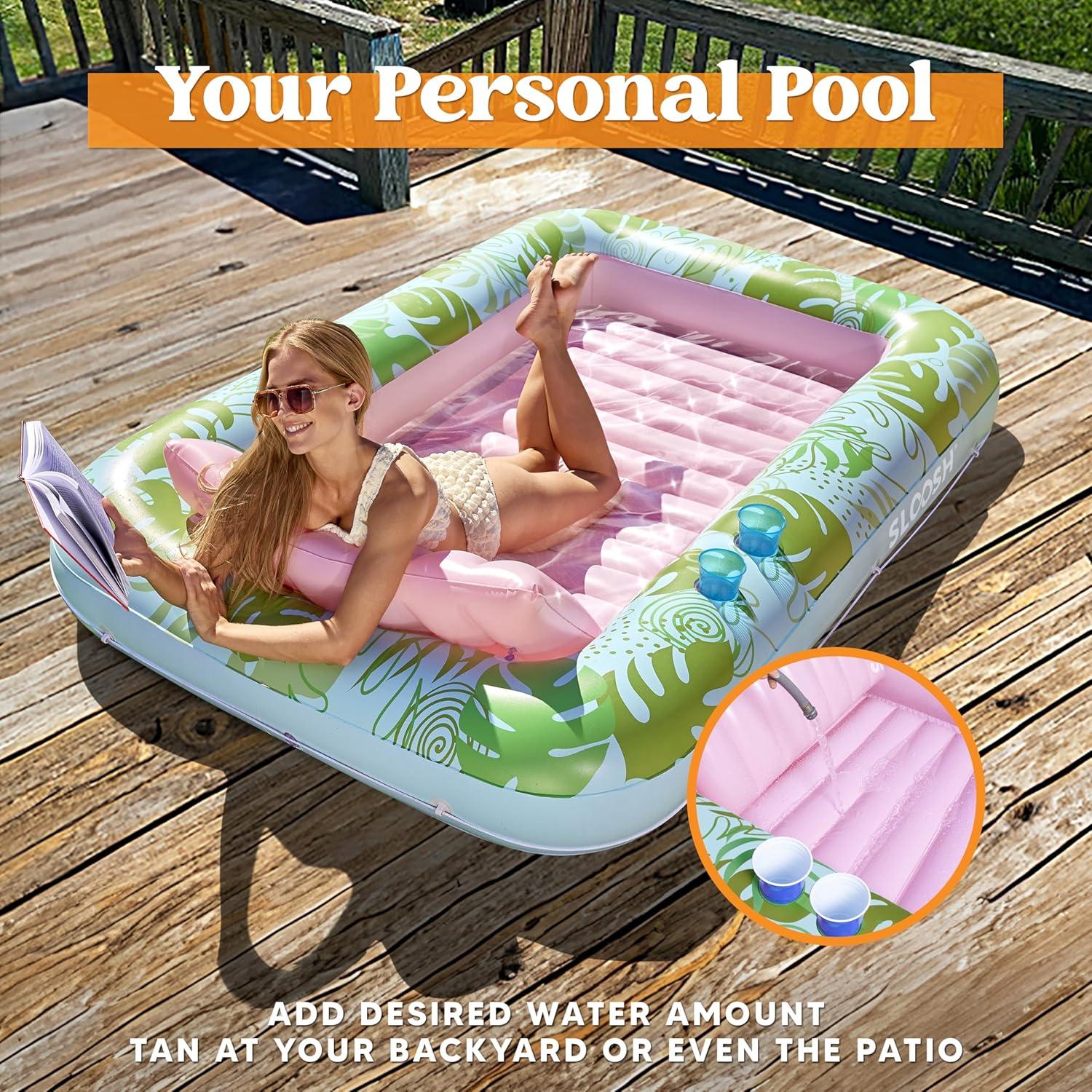 imageSLOOSH Inflatable Tanning Pool Lounger Float 85 x 57 Extra Large Pool Floats Adult with Pillow 4 in 1 Suntan Tub Raft FloatieSunbathing Bed Lounge for Water Blow Up Ball Pit Party Gifts XLBlueCyan Pink
